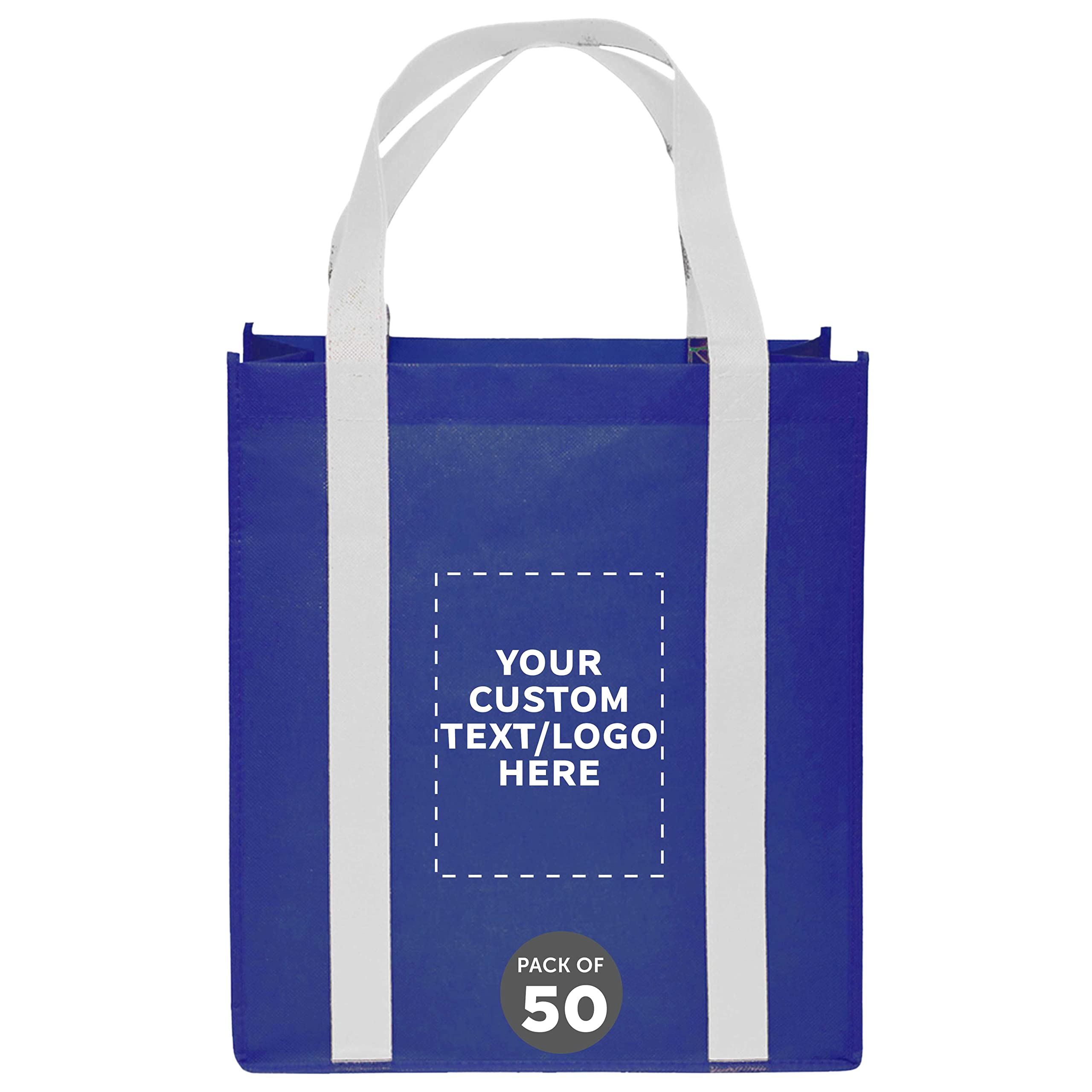 Custom Non-Woven Reusable Shopping Tote Bags - Bulk Pack of 50 Personalized Grocery Bags - Eco-Friendly Beach, Picnic & Wedding Favors (Blue & White) - Perfect for Retail Promotions, Events & Sustainable Shopping