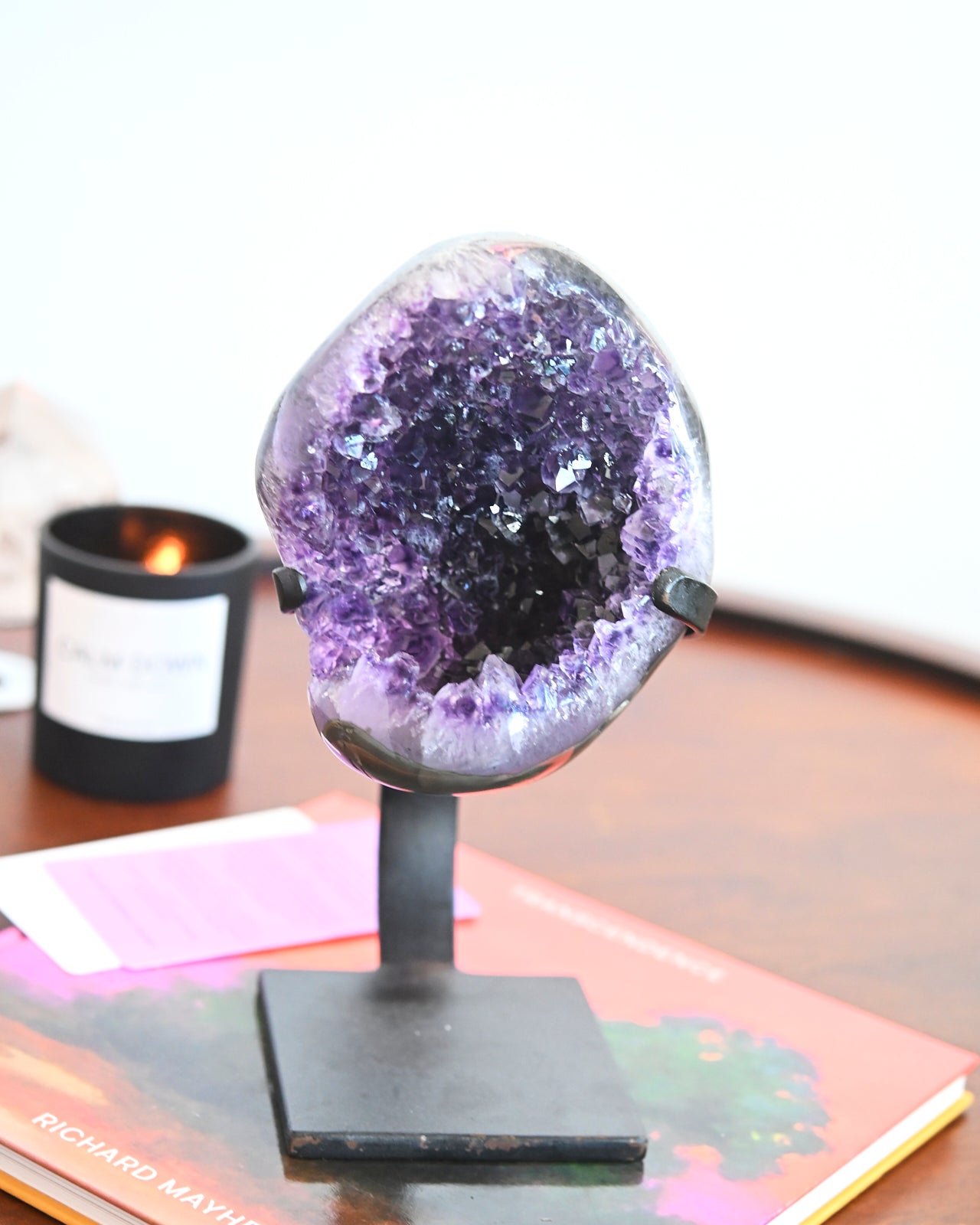 Natural Amethyst Geode on Wooden Stand - 5.2lbs Raw Purple Crystal Cluster - Home Decor, Meditation & Healing Stone - Perfect for Living Room, Office or Gift