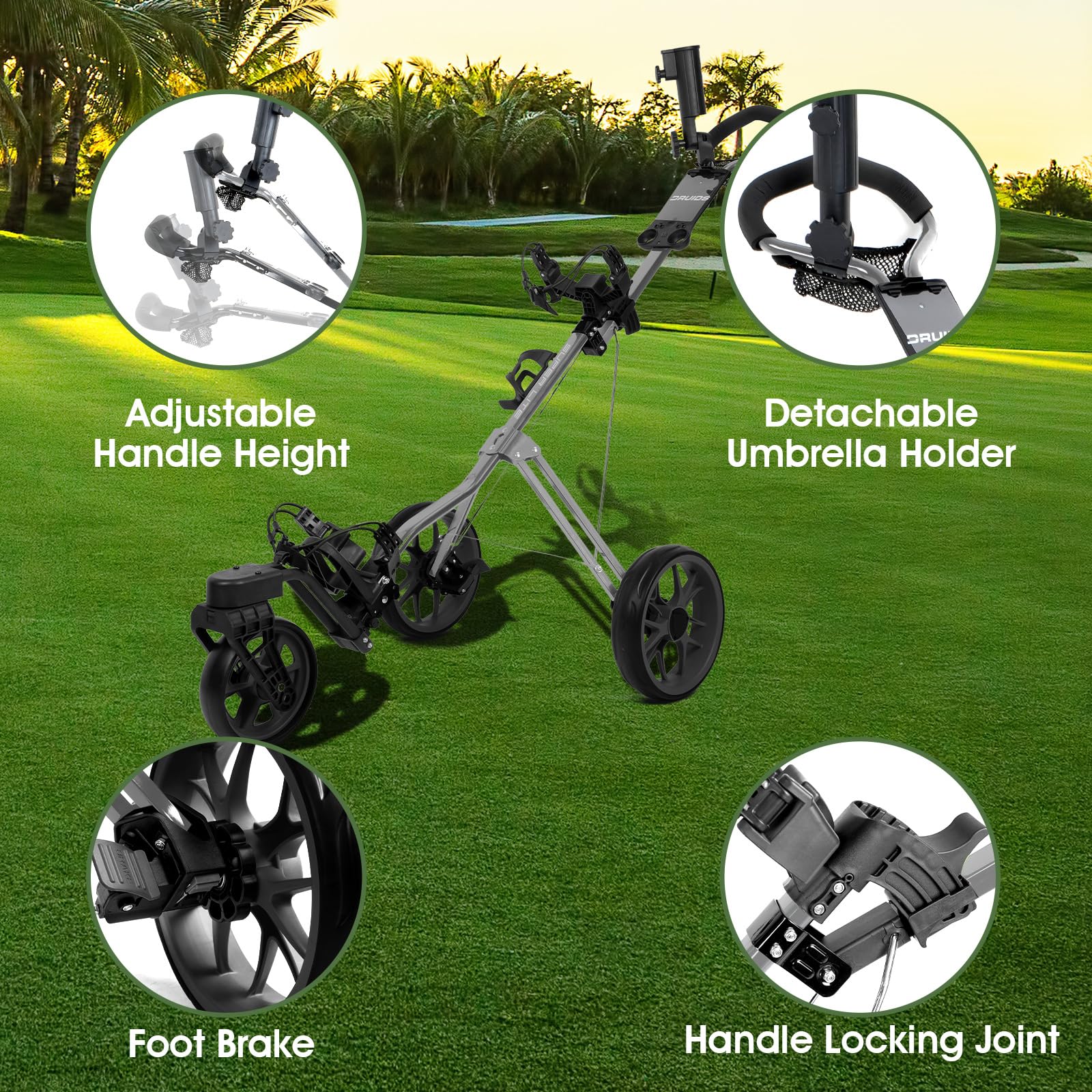 DRUIDS Golf 360 Push Cart - Lightweight 3-Wheel Swivel Golf Push Cart with Brake, Umbrella Holder & Foldable Design | Portable Walking Golf Caddy for Men & Women | Perfect for Course Walking, Practice Rounds & Senior Golfers