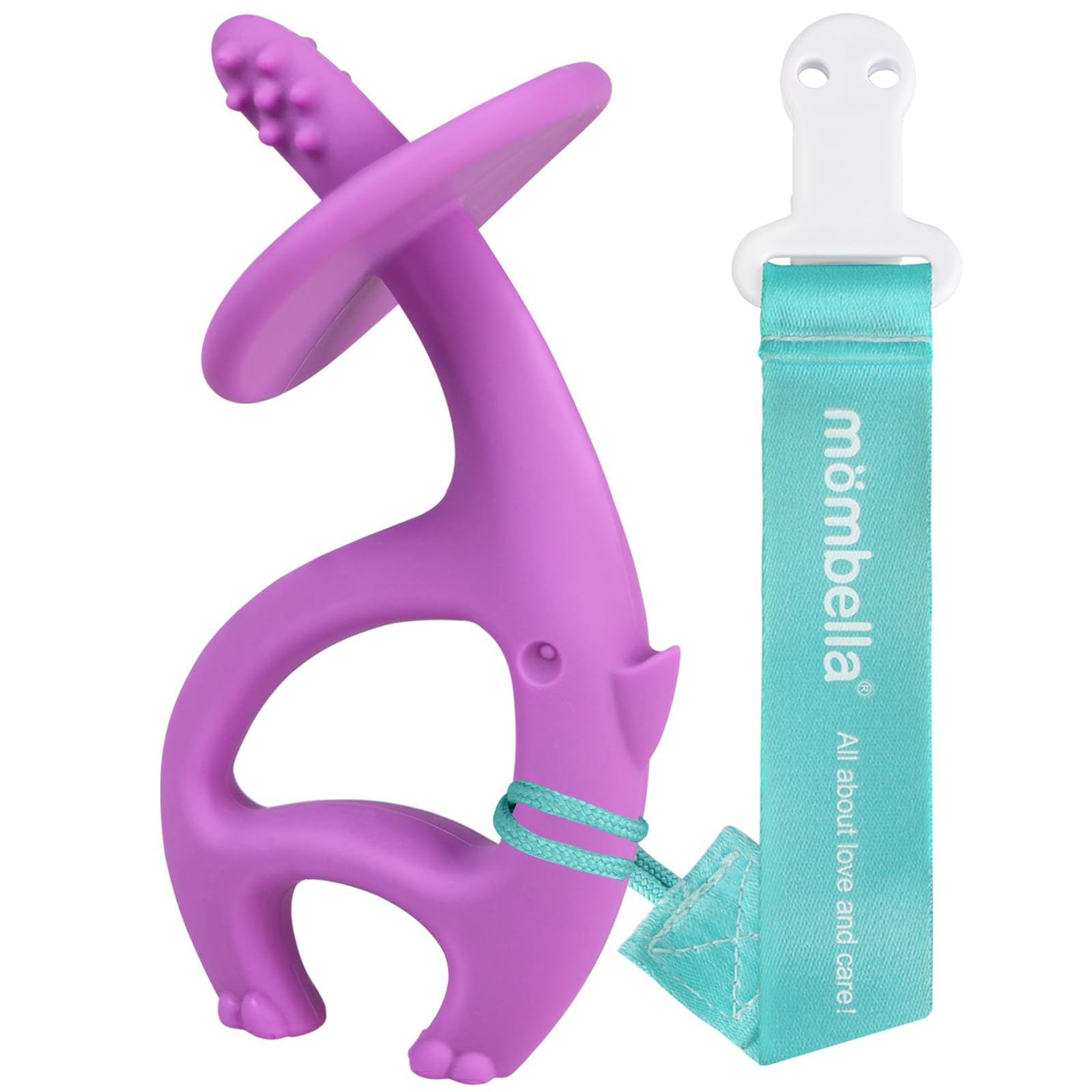 Mombella Baby Teething Toys for Infants 3-12 Months - Soft Silicone Teether with Clip, 2-in-1 Elephant Chew Toy & Pre-Training Toothbrush - Safe for 6-9 Month Old Babies (Purple) - Perfect for Soothing Sore Gums at Home or On-the-Go