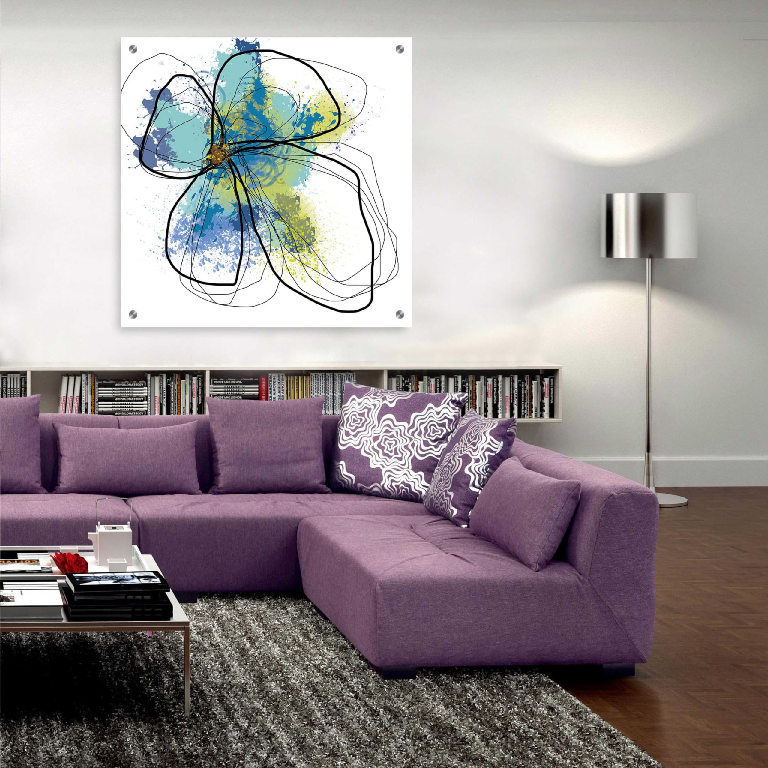 Azure Petals I Abstract Floral Painting by Jan Weiss - 36x36 Inch Acrylic Glass Wall Art for Living Room, Bedroom & Office Decor