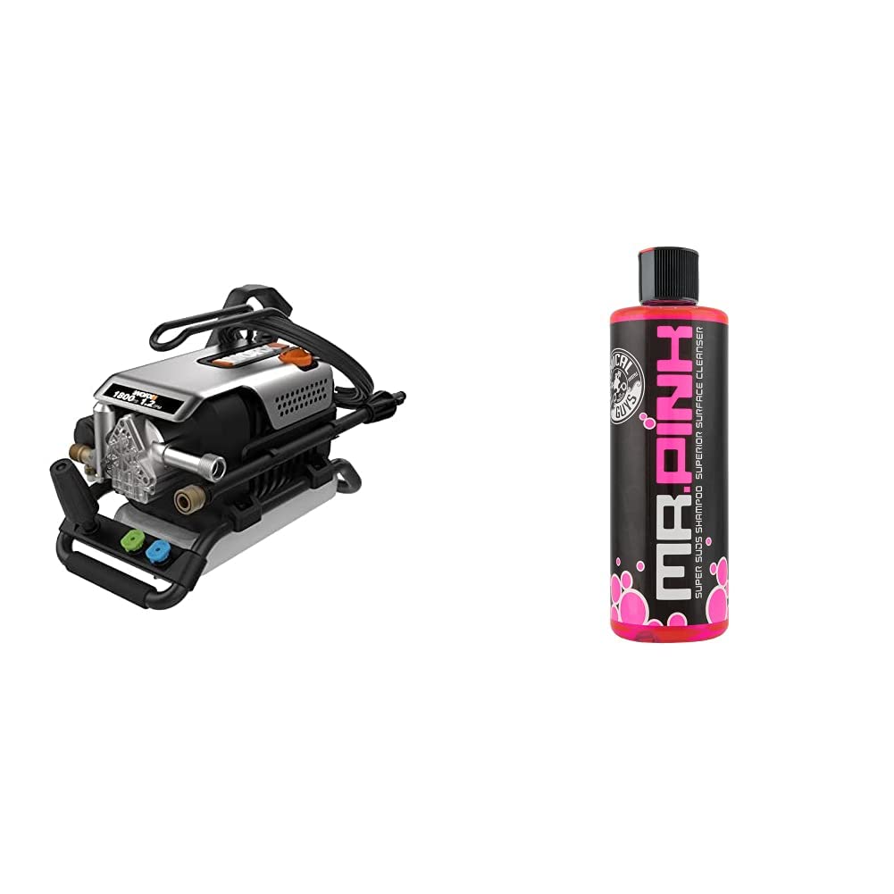 Worx WG605 13 Amp Electric Pressure Washer 1800 PSI with 3 Nozzles & Chemical Guys CWS_402_16 Mr. Pink Foaming Car Wash Soap (16 fl oz) - Safe for Cars, Trucks, Motorcycles, RVs - Candy Scent | Perfect for Home Driveway Cleaning & Vehicle Detailing