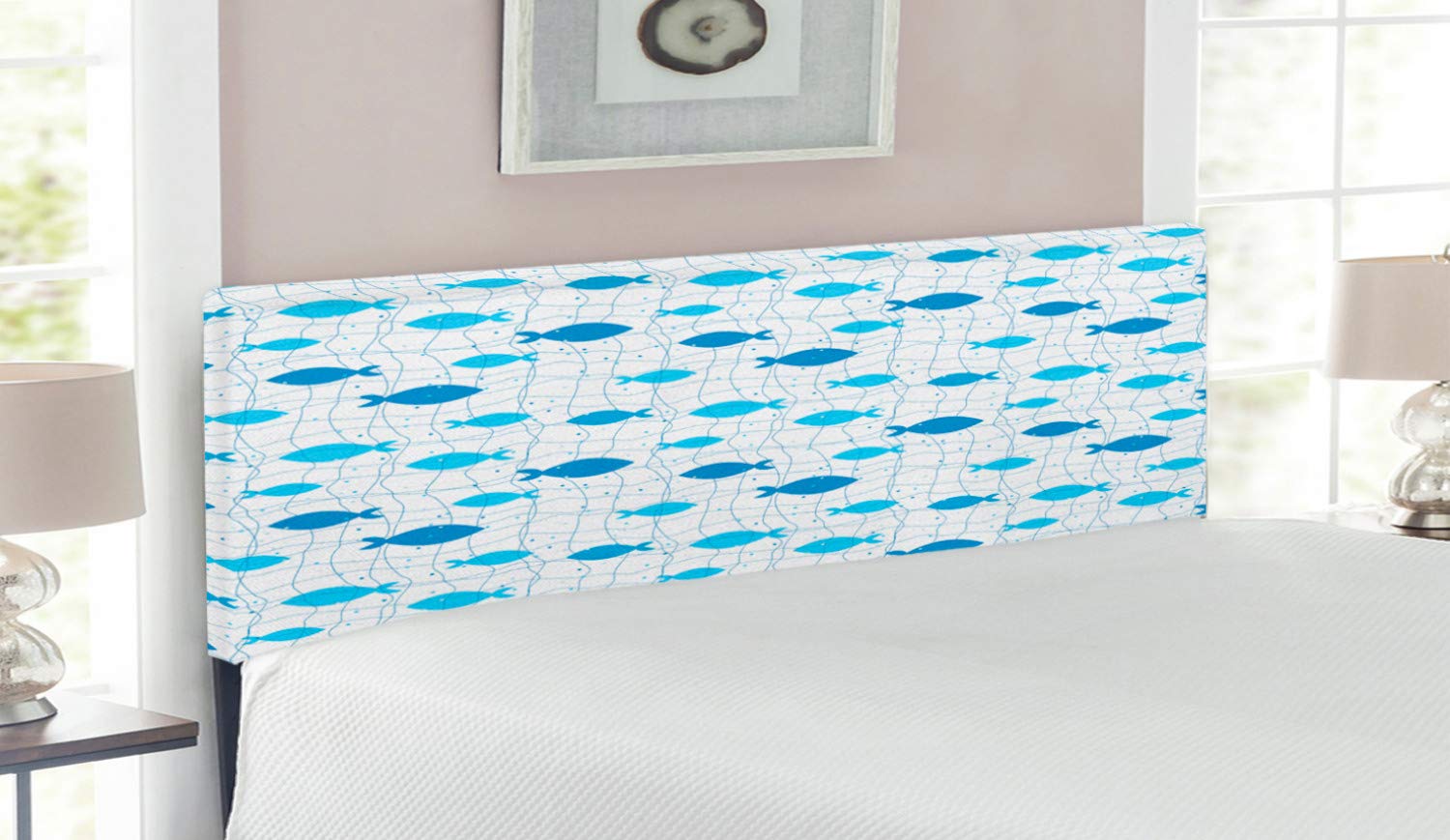 Ambesonne Queen Size Upholstered Metal Bed Headboard - Blue Pale Blue White Fish Net with Polka Dots Abstract Animal Silhouettes, Memory Foam Support | Nature Inspired Decor for Coastal, Nautical or Kids' Bedroom Themes