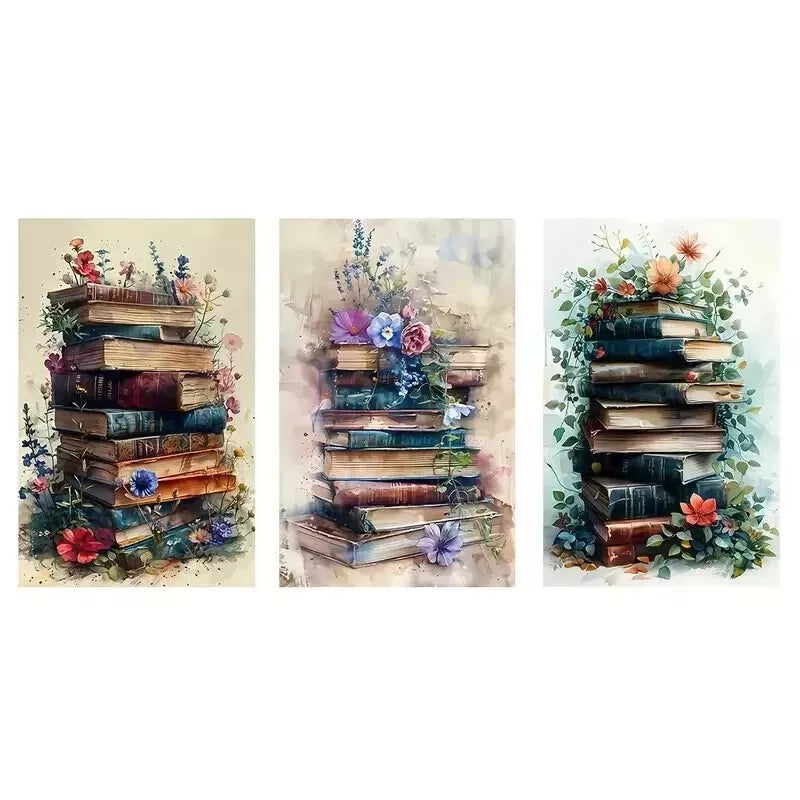 3-Piece Retro Abstract Watercolor Floral and Books Wall Art Set - Framed Canvas 50x70cm (20x28in) - High Quality Print - 100% Australian Made - Ready to Hang - Perfect for Living Room, Bedroom, Office & Home Decor