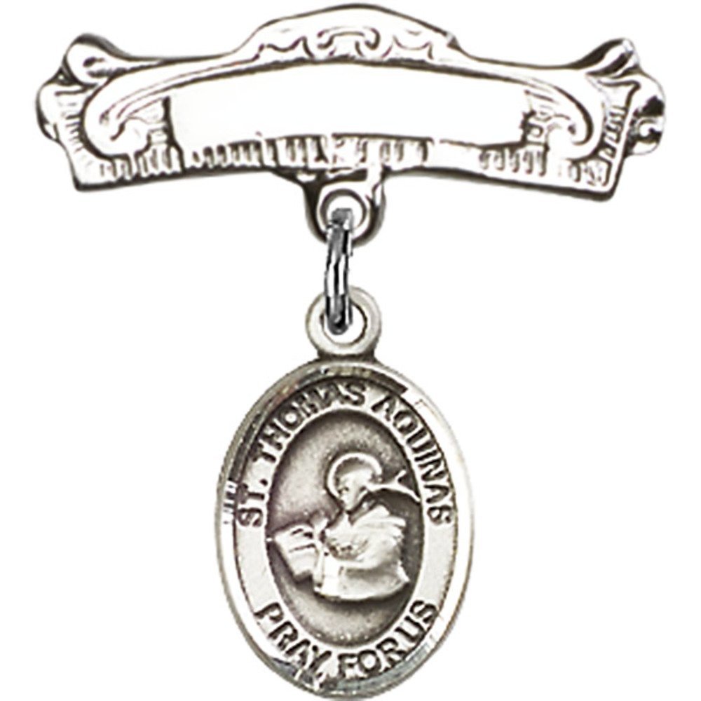 Sterling Silver Baby Badge with St. Thomas Aquinas Charm - 7/8 X 7/8 Inch Arched Polished Pin - Perfect for Christening, Baptism & First Communion Gifts