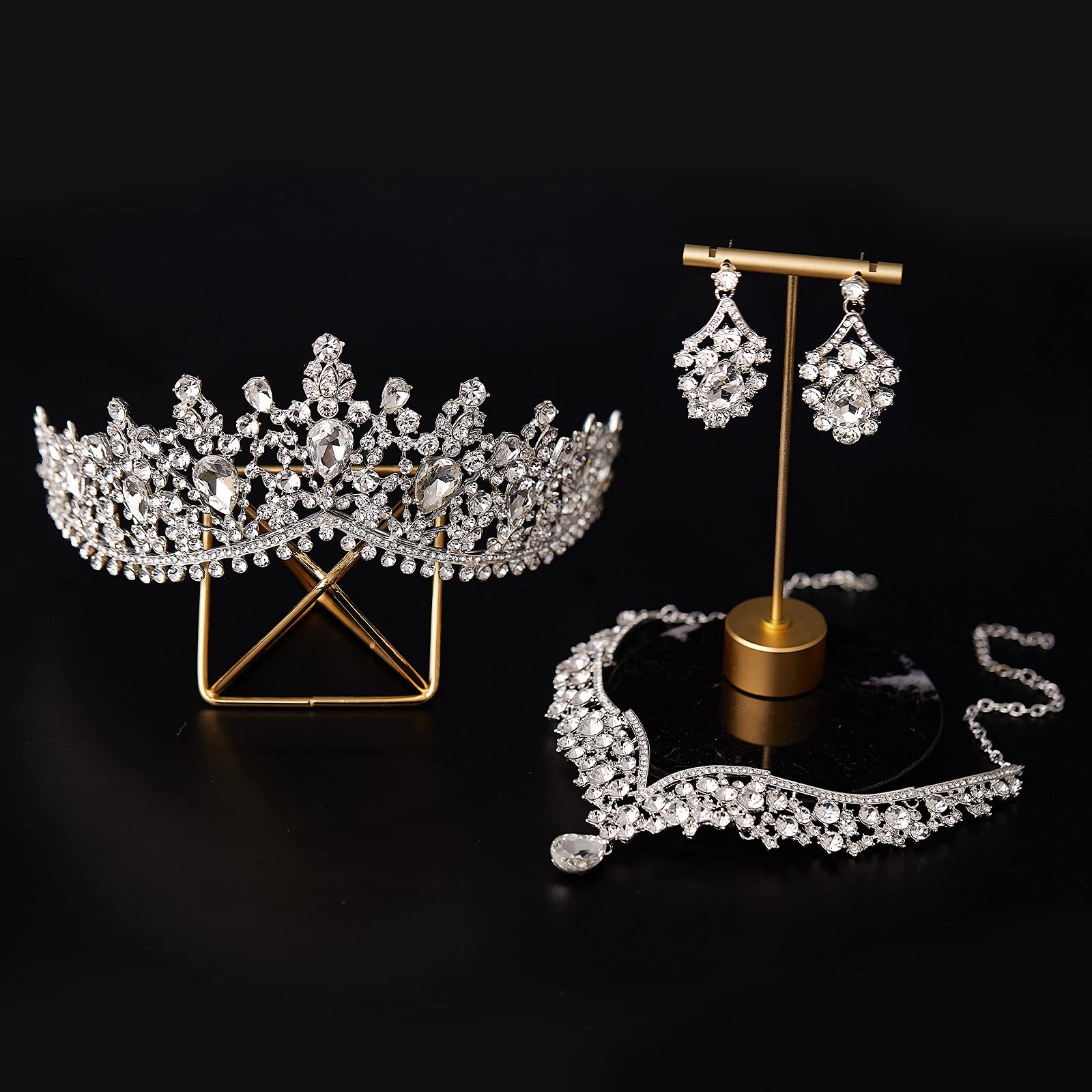 SWEETV 3-Piece Bridal Jewelry Set - Silver Wedding Crown Tiara with Matching Earrings & Necklace for Bride, Crystal Bridal Accessories for Wedding, Prom, Pageant, Birthday & Costume Parties (Ages 15+)