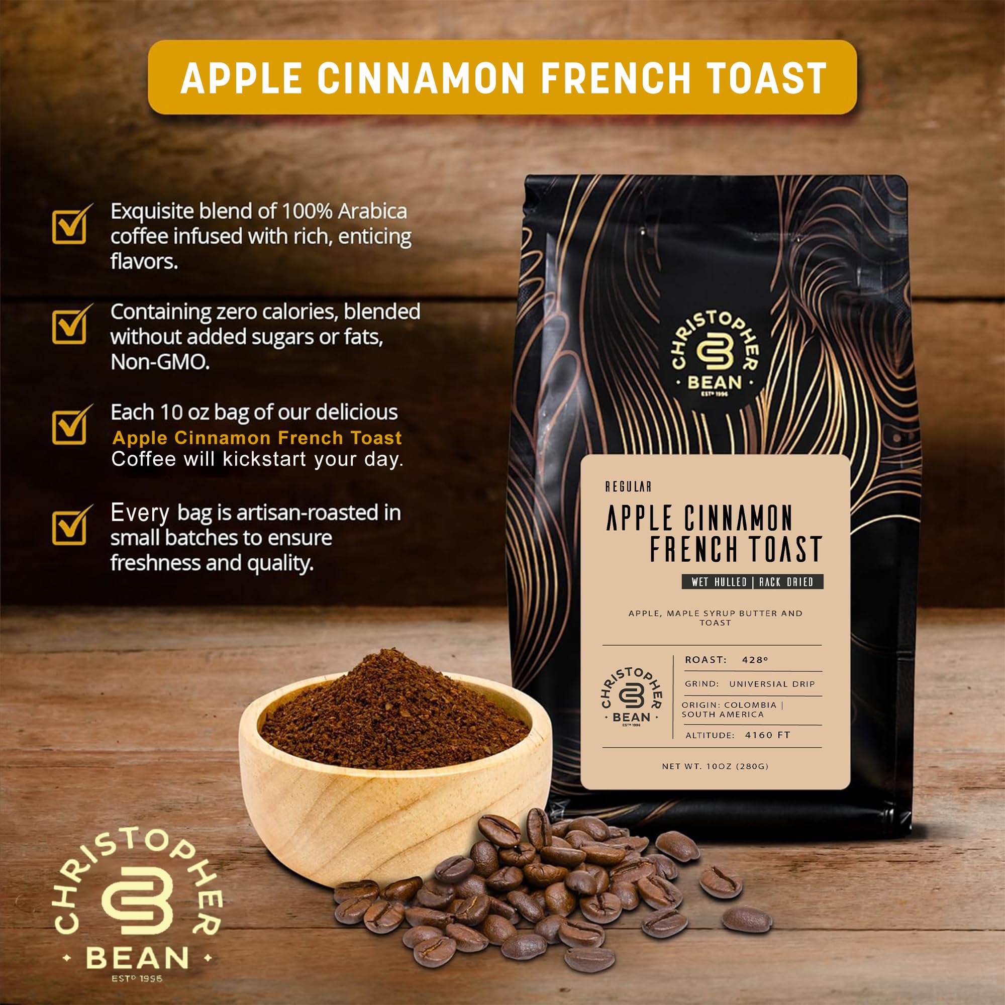 Christopher Regular Ground Universal Drip Apple Cinnamon French Toast Flavored Coffee | 100% Arabica Medium Roast | No Sugar, No Fats, Non-GMO | 10-Ounce Bag | Perfect for Breakfast, After Dinner Relaxation & Office Break