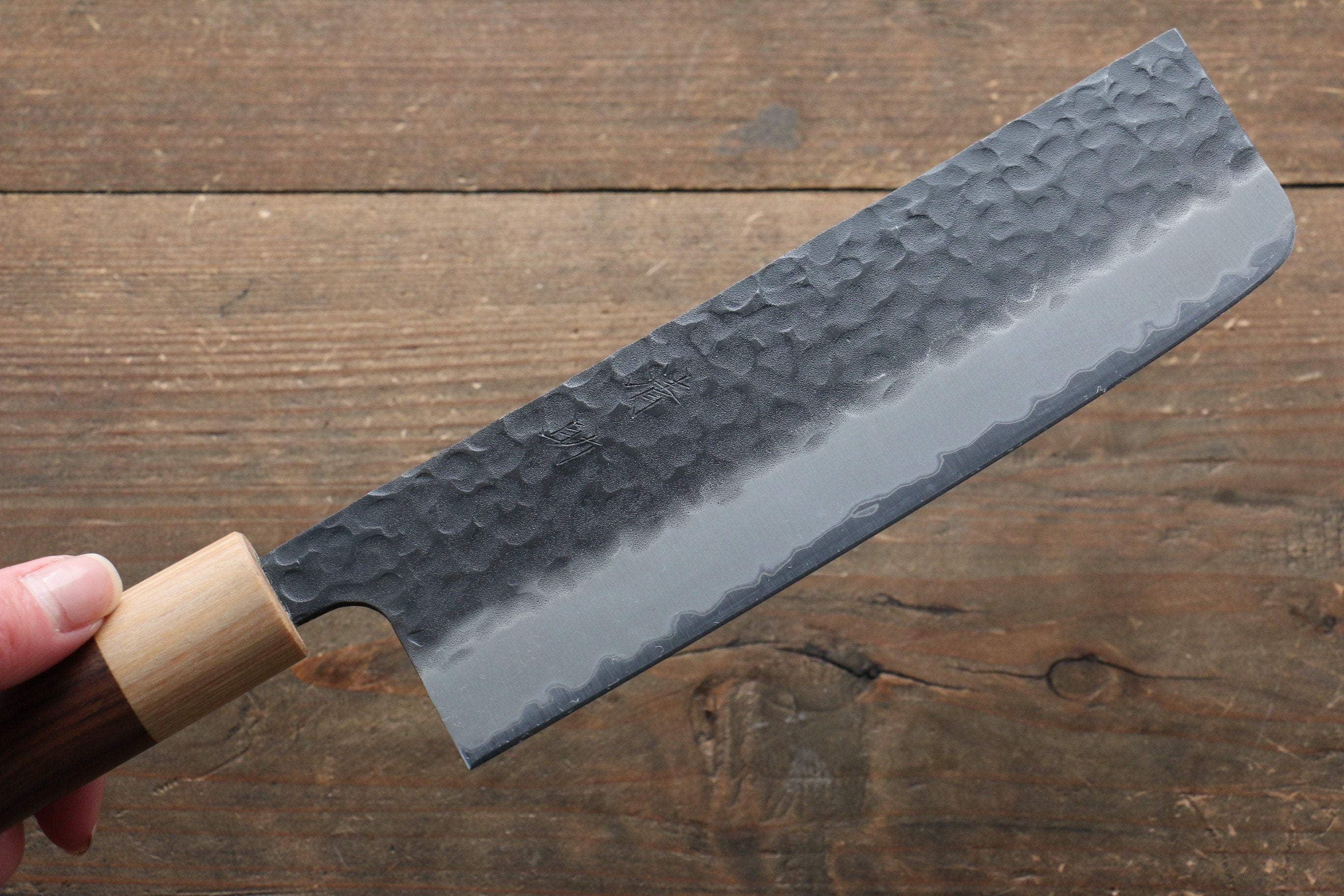 Seisuke Kokubyaku Blue Super Hammered Nakiri Knife 165mm - Japanese Chef Knife with Morado Wood Handle - Perfect for Slicing Vegetables, Herbs & Sushi Preparation