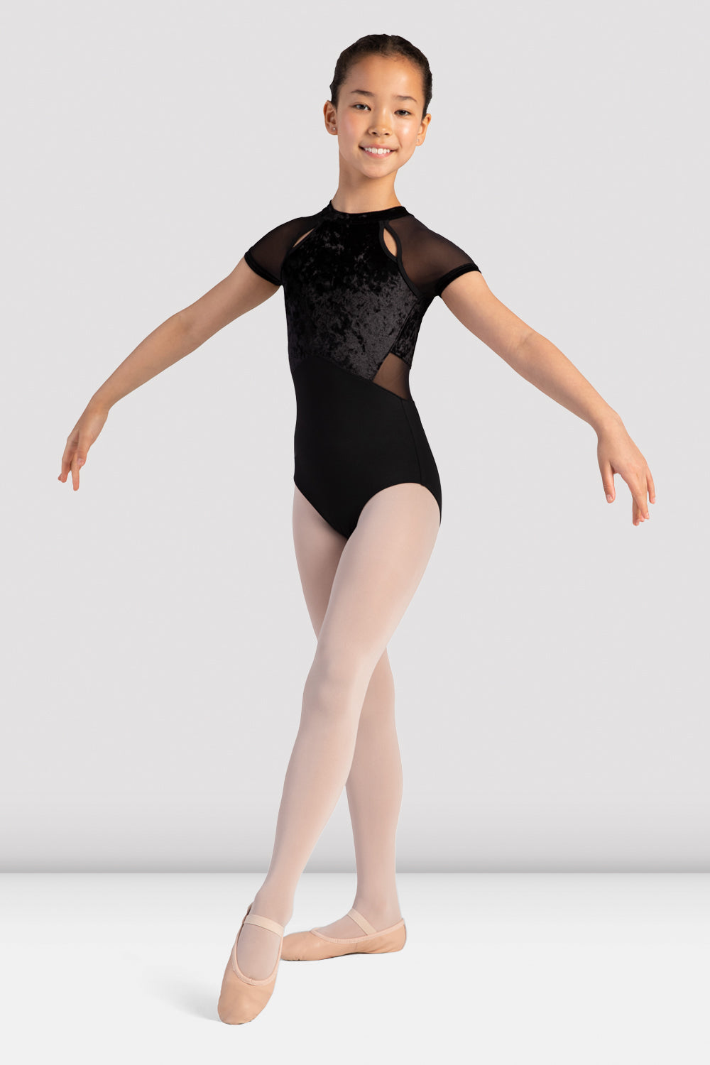 Girls Sasha Velvet Mock Neck Leotard - Soft Stretchy Dancewear for Ballet, Gymnastics & Performance (Black/Pink) - Perfect for Recitals, Practice & Costumes