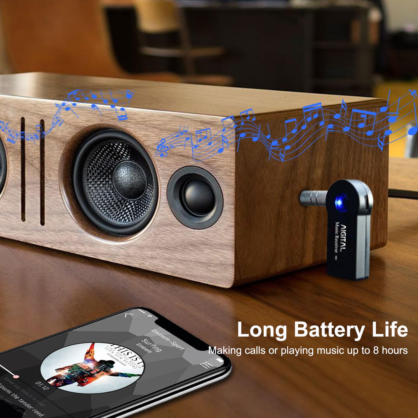 Wireless Bluetooth 5.0 Receiver for Car & Home Audio - Mini Bluetooth Adapter with 8-Hour Playtime, Hands-Free Calling, AUX to Bluetooth Converter - Compatible with Speakers, Headphones, Home Stereo Systems (Perfect for Music Streaming in Car, Office or Home Entertainment Setup)