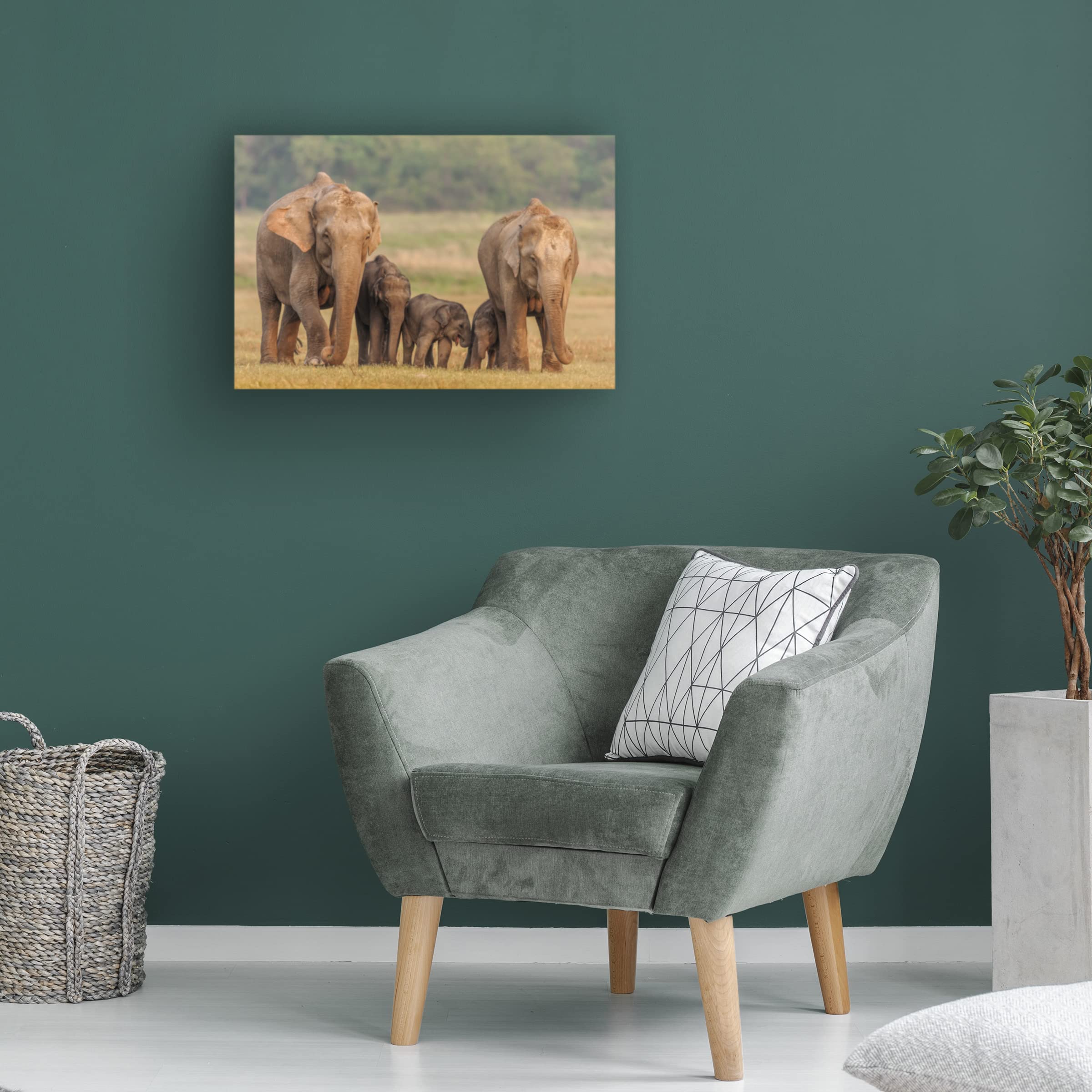 Jagdeep Rajput Asian Elephant Family Canvas Wall Art - Handmade Wildlife Painting for Living Room, Bedroom & Office Decor