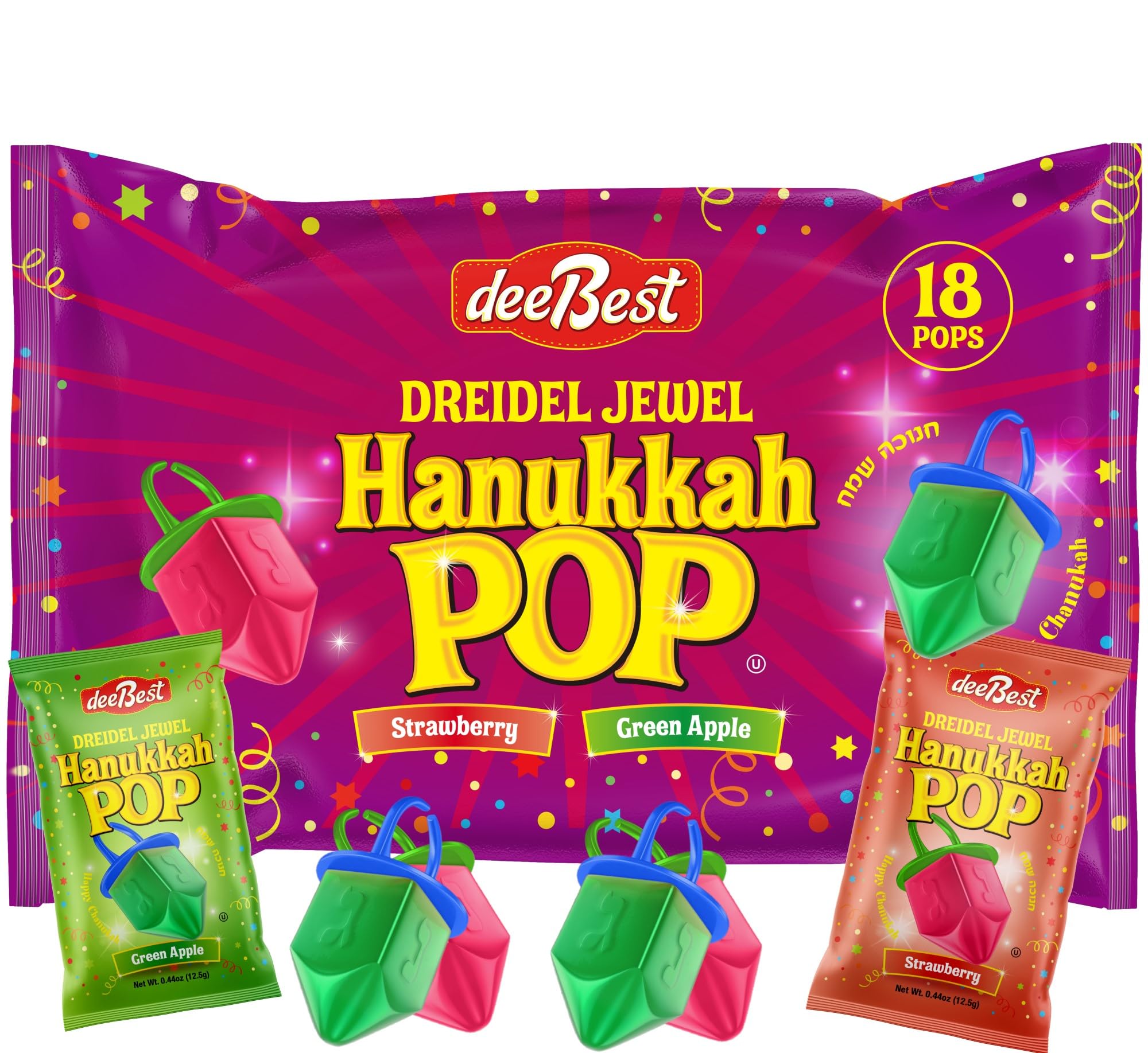 Hanukkah Dreidels Jewel Pop Ring Shape Candy - Assorted Green Apple & Strawberry Flavors (18 Count, Individually Wrapped) | Kosher Hanukkah Decorations, Kids Party Favors & Holiday Treats for Gifts, Classroom Celebrations & Jewish Festival Fun