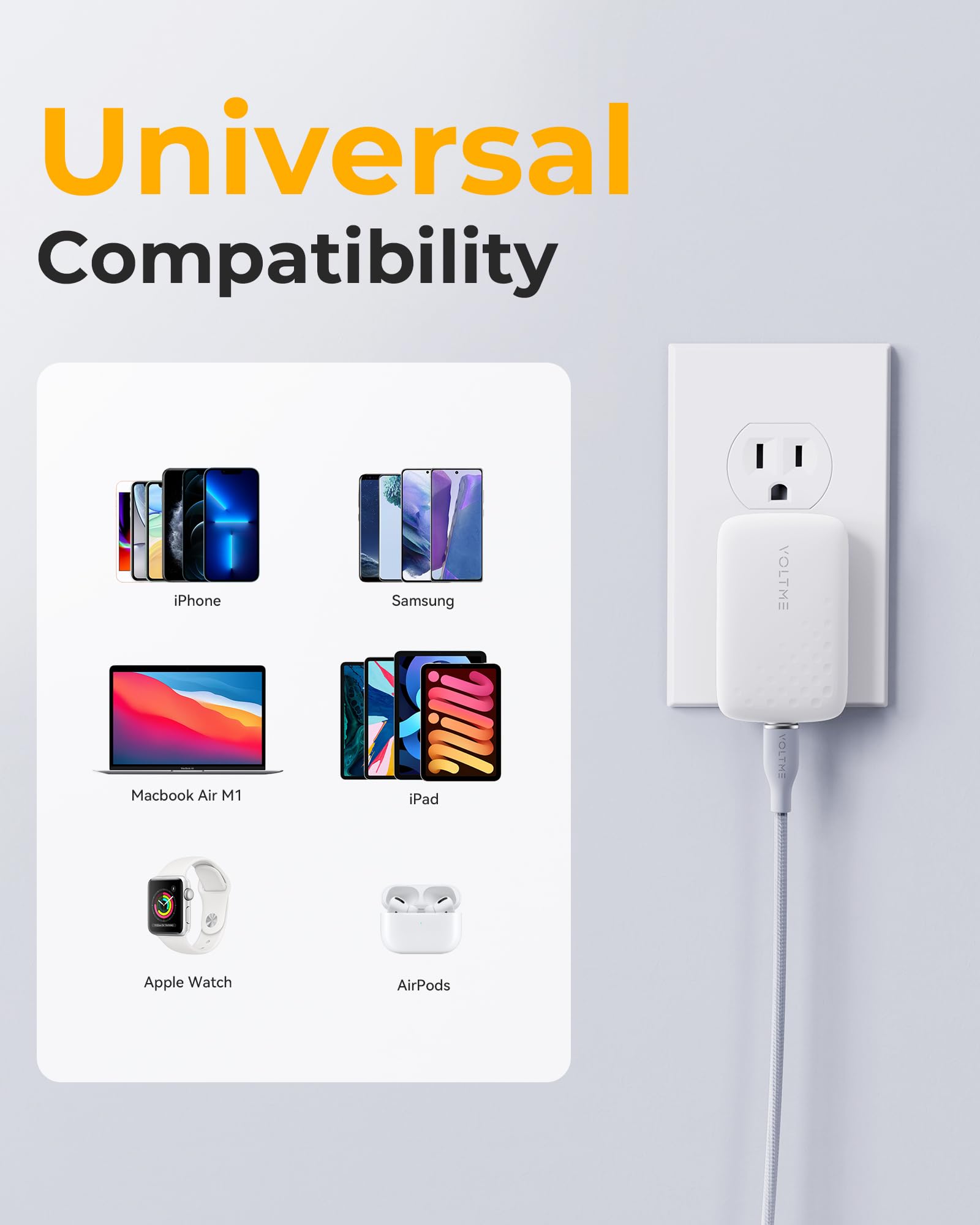 VOLTME 30W USB C Fast Charger - Ultra Slim Wall Charger with 3.3ft Cable & Foldable Plug - Compatible with iPhone 16/15/14/13/12, MacBook Air, iPad, Galaxy S24/S23/S22 - Perfect for Travel, Home & Office Charging