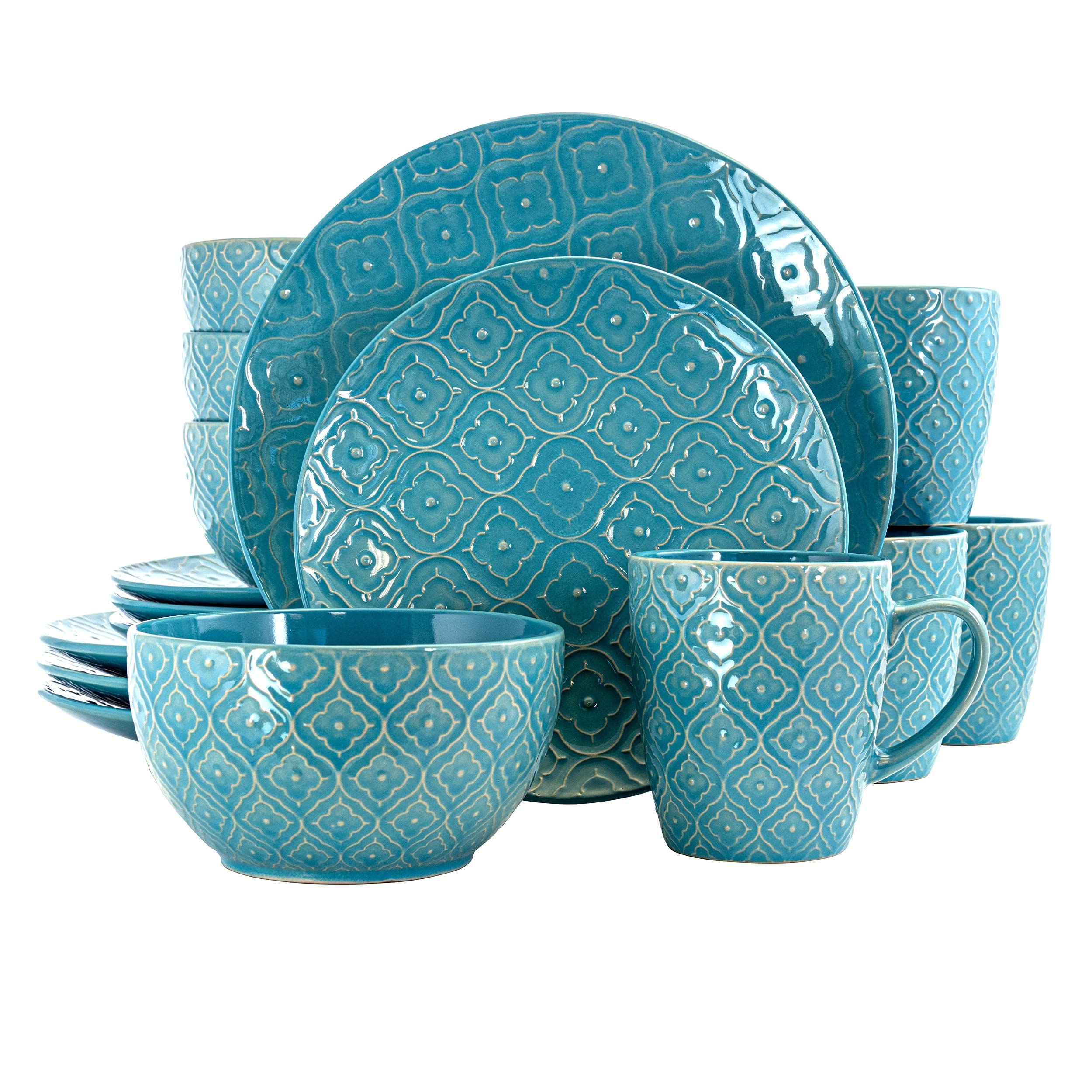 16-Piece Aqua Blue Stoneware Dinnerware Set - Round, Textured, Microwave Safe for Casual Dining | Perfect for Everyday Meals, Family Gatherings & Entertaining Guests