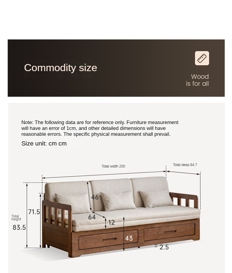 Solid Oak Wood Folding Sofa Bed with Storage | Convertible Guest Bed & Space-Saving Furniture for Small Apartments, Living Rooms & Home Offices
