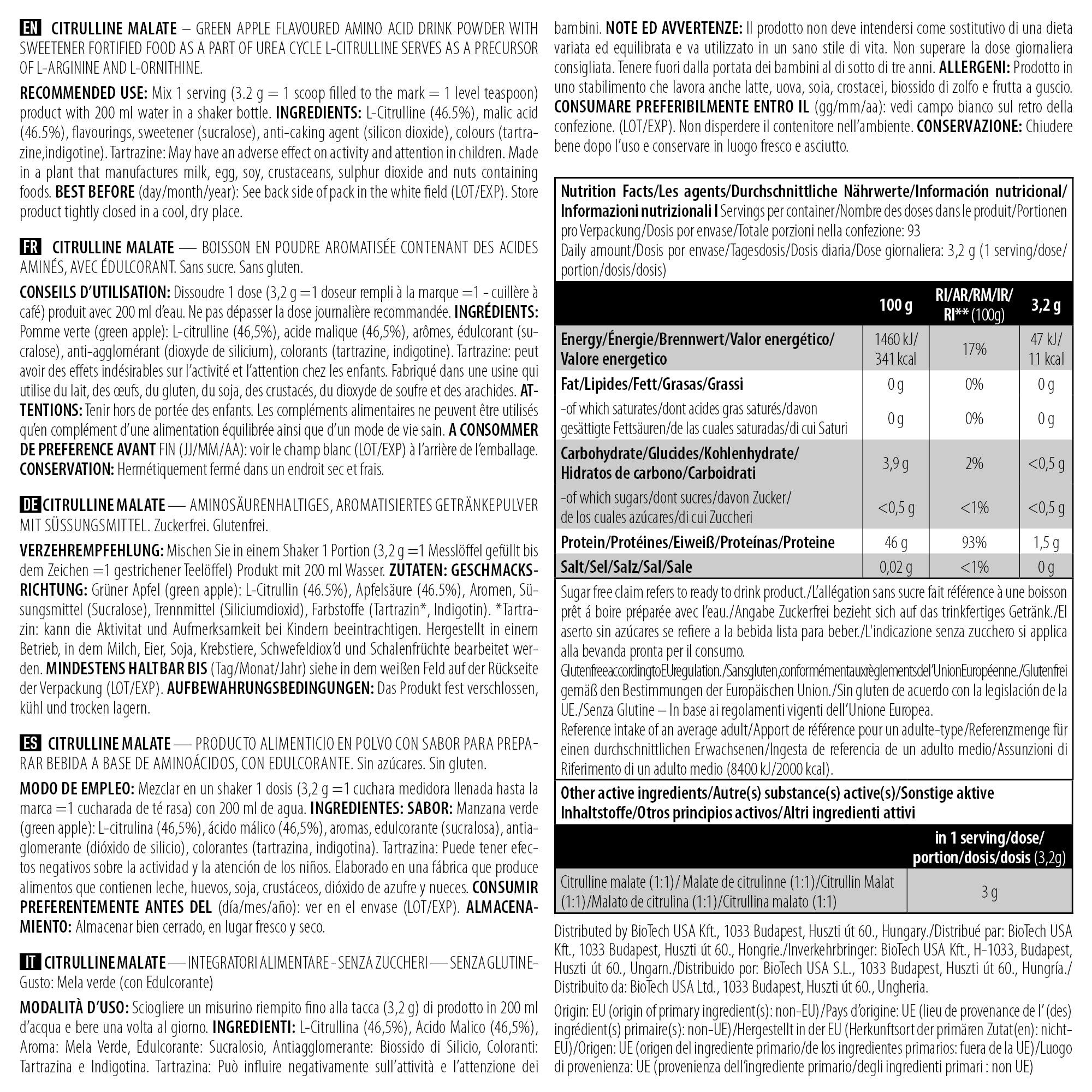 BioTechUSA Citrulline Malate Powder 300g - Green Apple Flavor for Pre Workout, Muscle Recovery & Endurance Boost | Sports Nutrition Supplement for Athletes & Fitness Enthusiasts