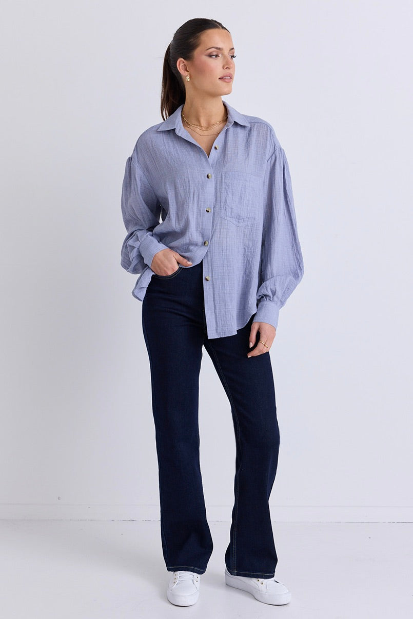 Light Blue Muslin Drop Shoulder Shirt for Women - Soft & Breezy Casual Top for Summer Outfits, Beach Wear and Boho Style
