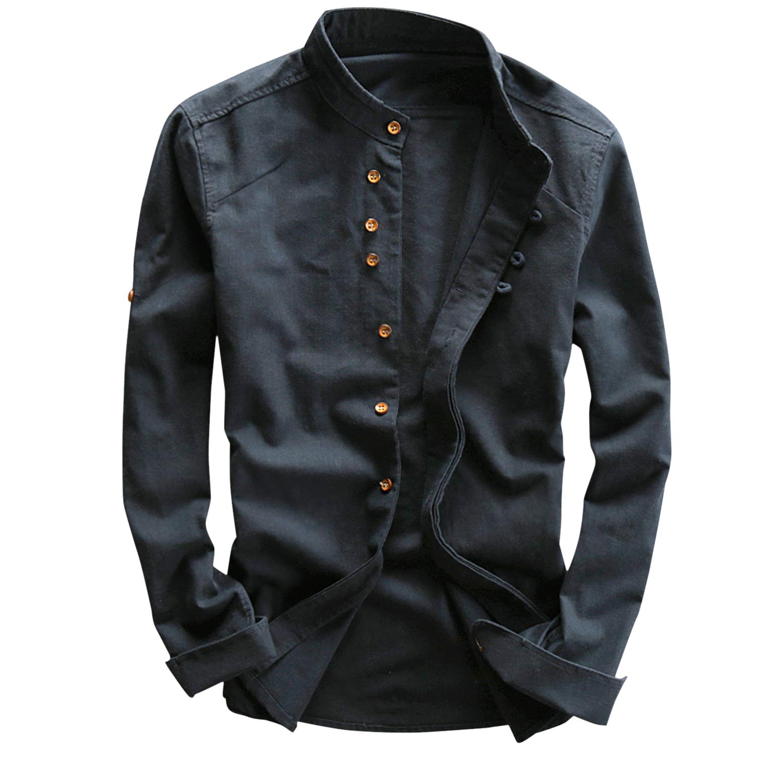 Men's Stand Collar Long Sleeve Cotton Linen Button-Up Shirt - Vintage Casual T-Shirt for Work, Travel & Everyday Wear