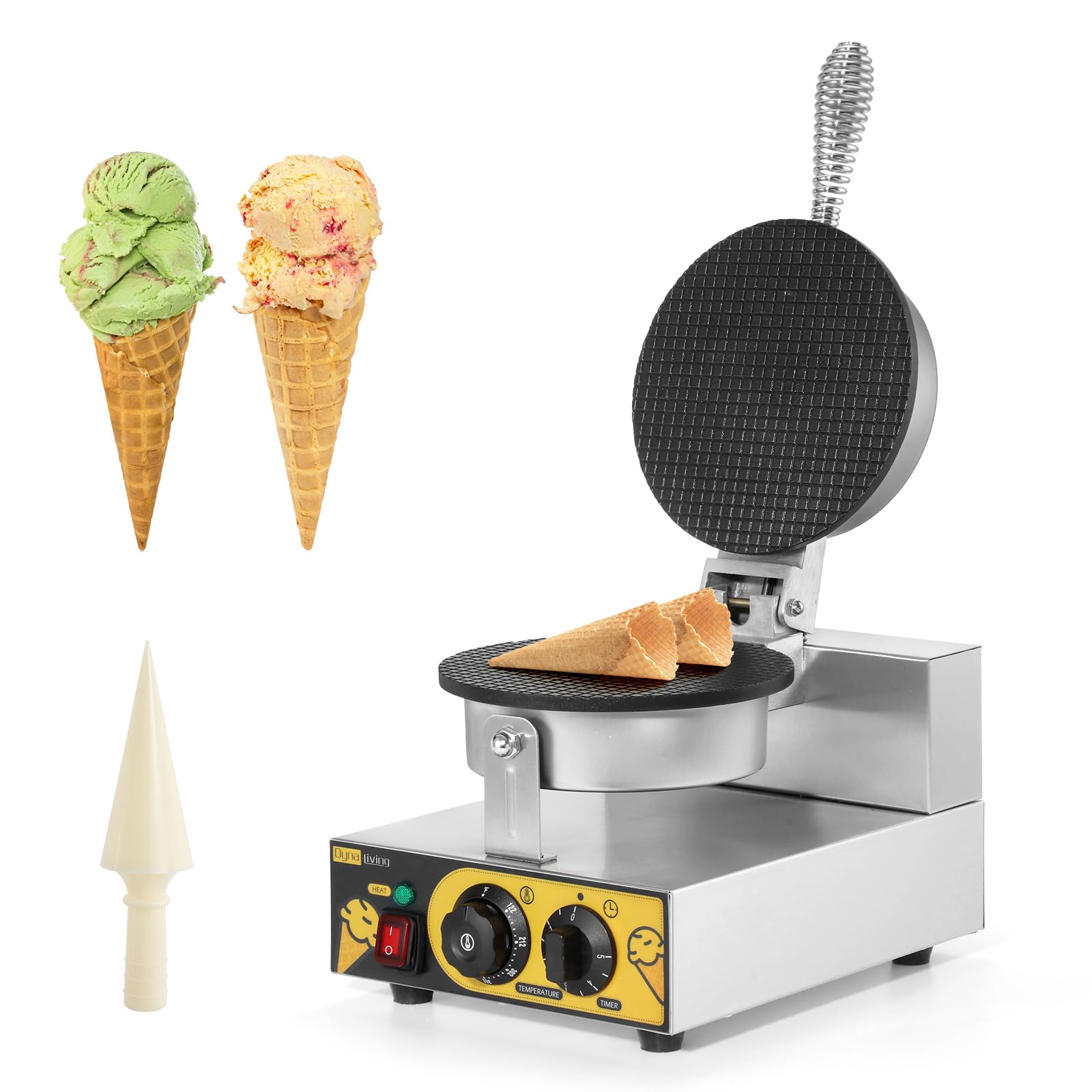 Dyna-Living Commercial Electric Waffle Cone Maker Machine - Stainless Steel Ice Cream Cone Baker for Restaurants, Bakeries & Home Kitchens (110V 1250W) - Perfect for Dessert Shops, Ice Cream Parlors & Snack Bars