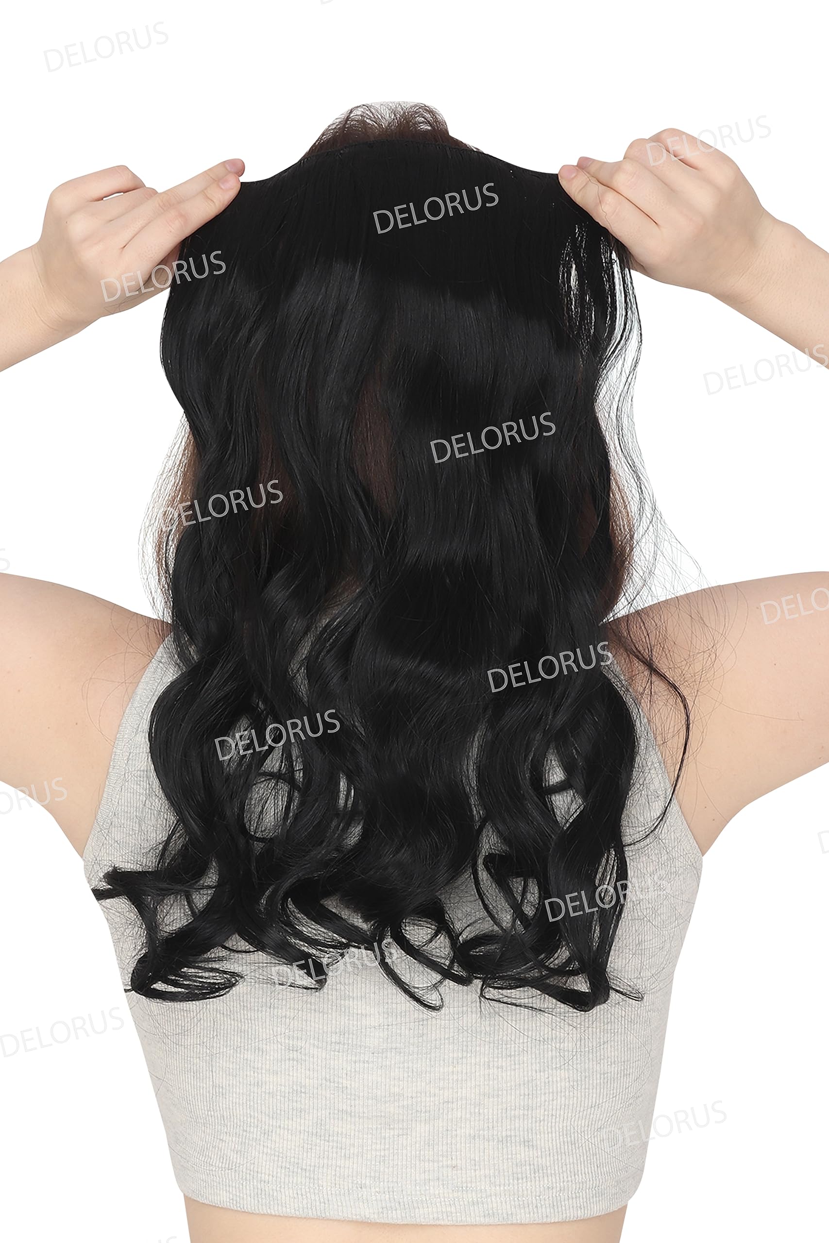 DELORUS 22 Inch Synthetic Curly/Wavy Black Hair Extensions with 5 Clips - Natural Looking Clip-in Hairpiece for Women & Girls | Perfect for Parties, Weddings & Daily Styling
