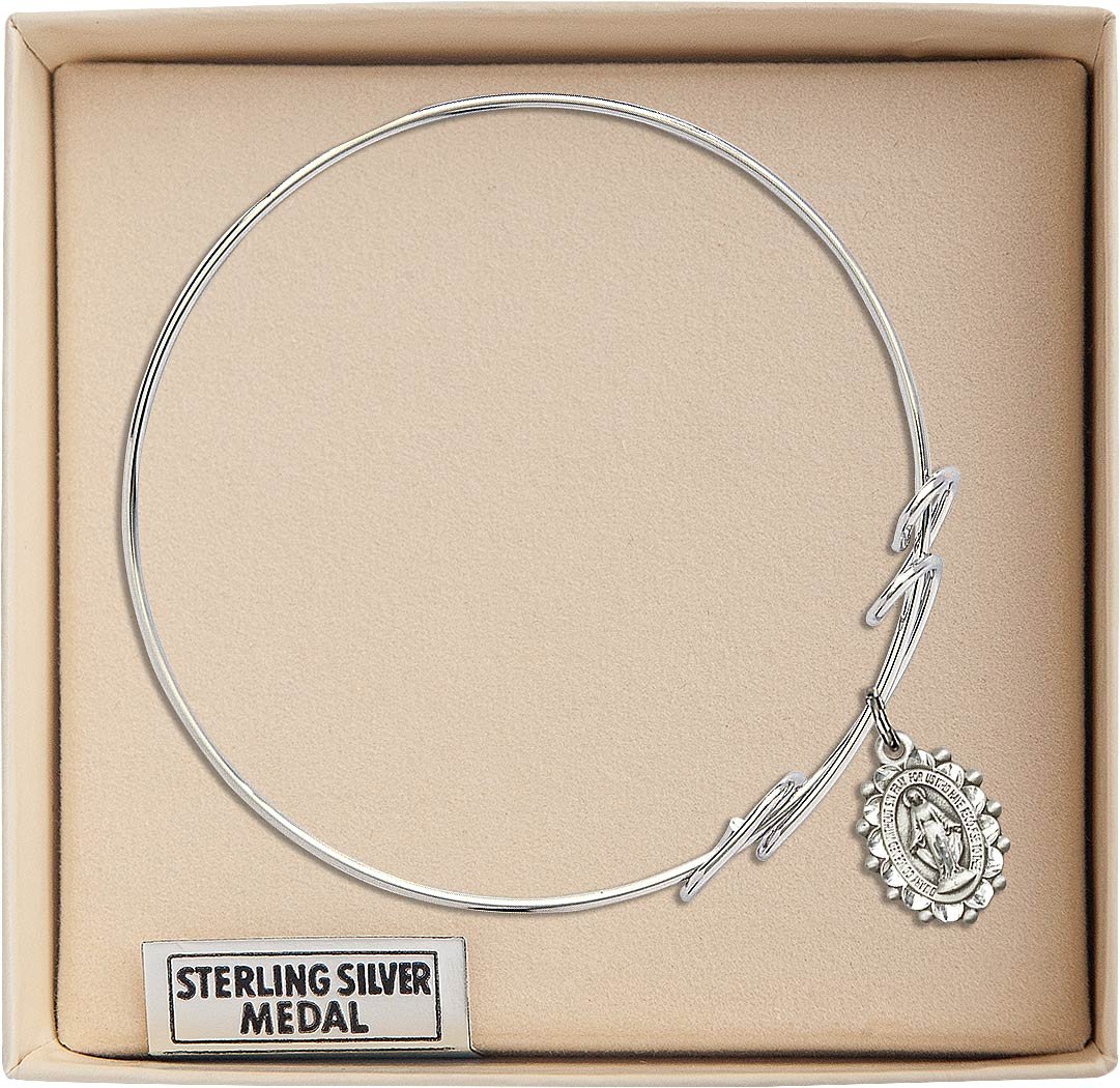 Sterling Silver Round Double Loop Bangle Bracelet with Miraculous Medal - Elegant Religious Jewelry for Women, Perfect for Church, Weddings & Everyday Wear