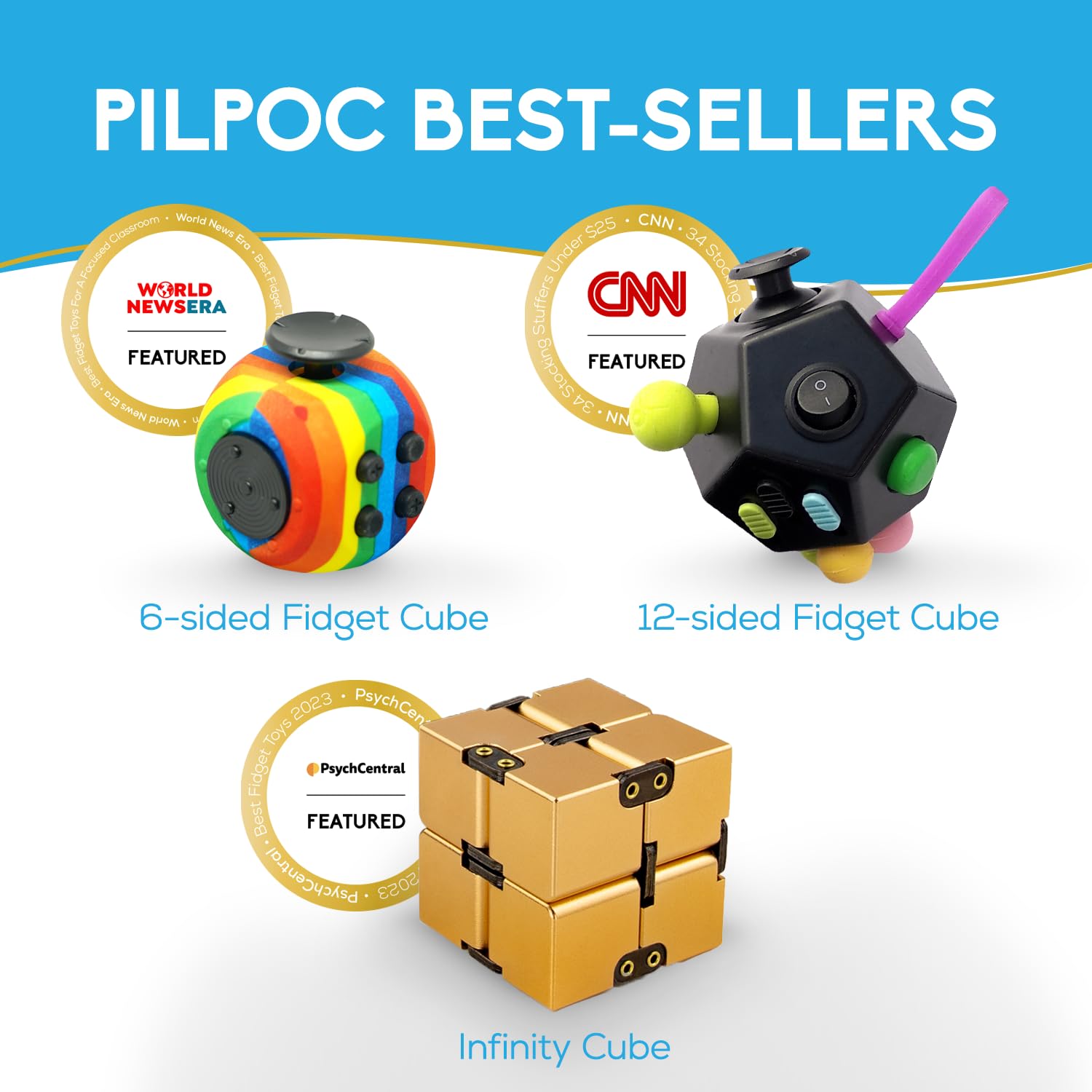 PILPOC theFube 12-Side Fidget Cube - Stress Relief & Focus Toy for Kids & Adults with ADHD - Anti-Anxiety Sensory Fidget Dice with Carry Case (Light Blue & Mix) - Perfect for Office, School & Travel Stress Relief