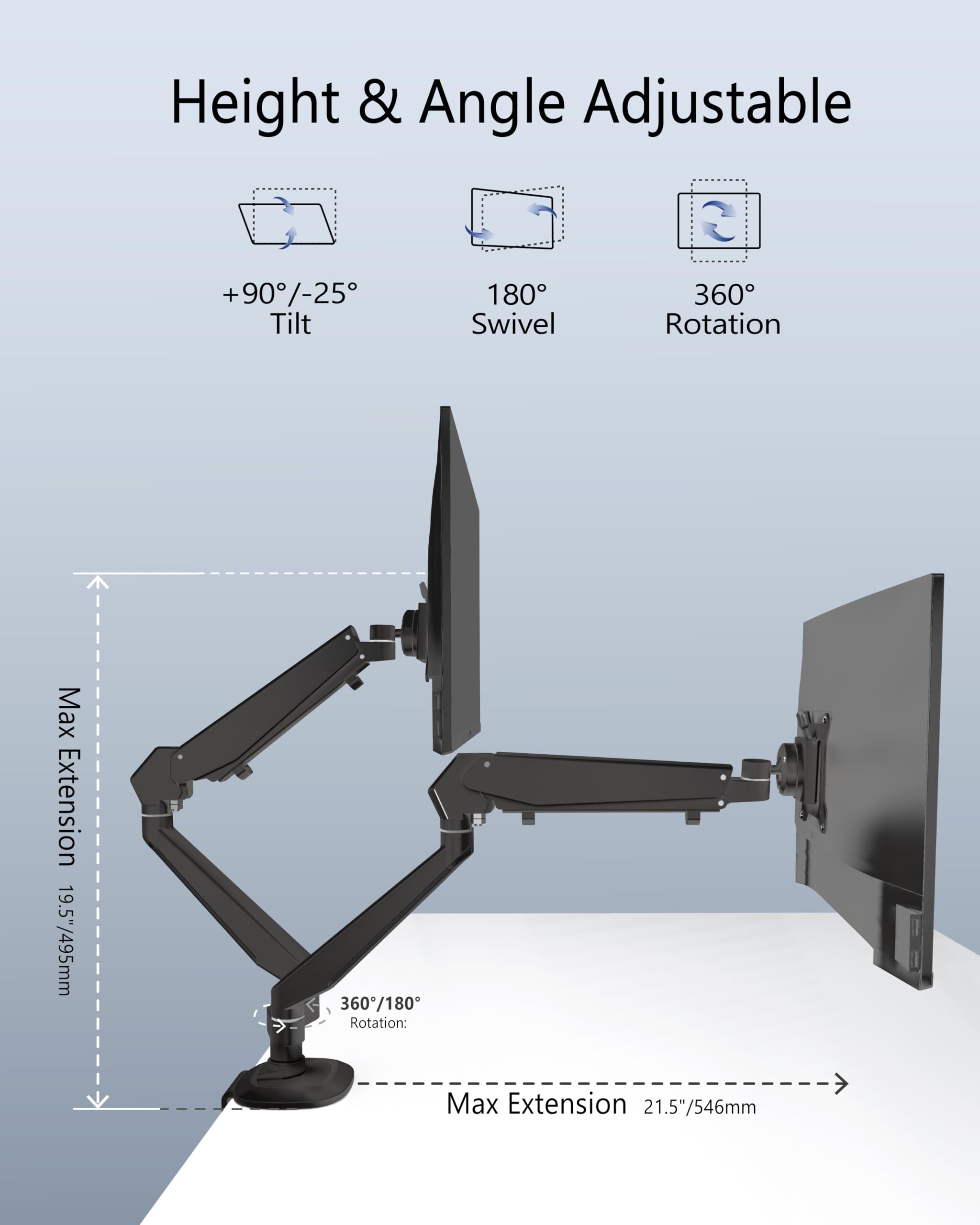 Dual Monitor Stand for 32 Inch Screens - Adjustable Gas Spring Monitor Arm Desk Mount Holds Up to 19.8 lbs - Aluminum Black for Home Office & Gaming Setup