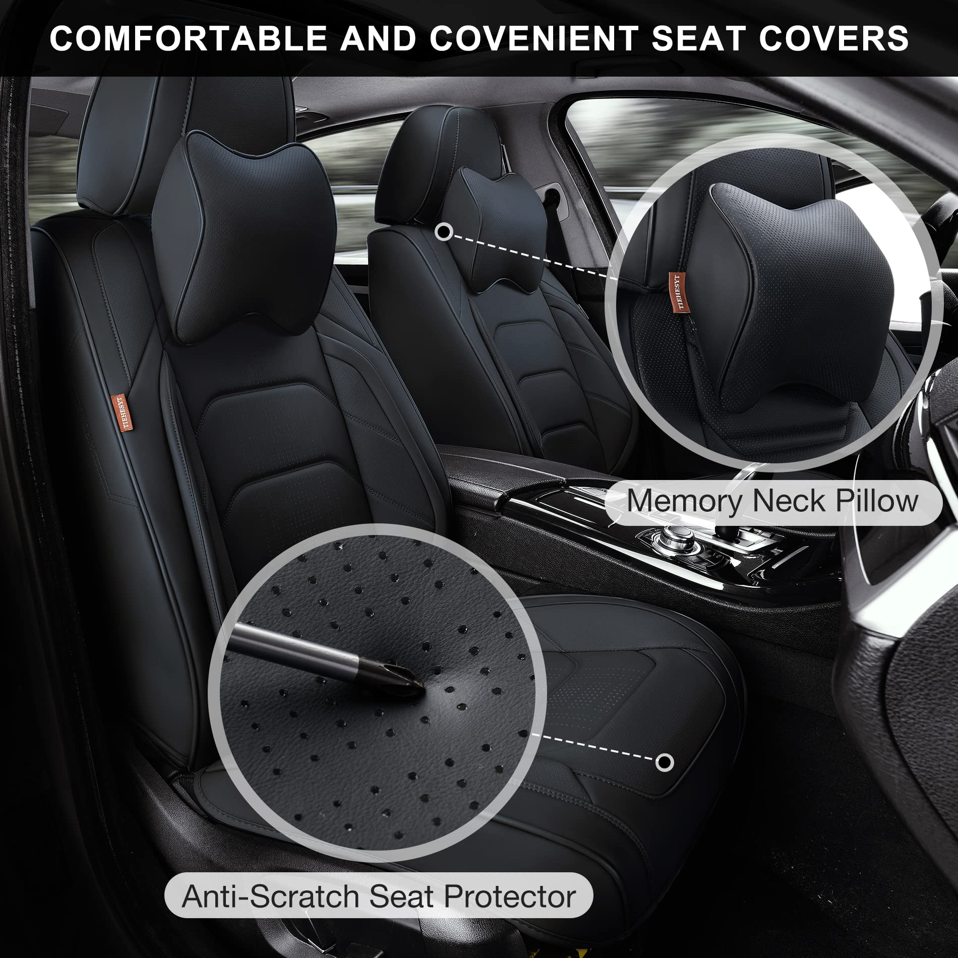 Breathable Black Leather Car Seat Covers Front Pair with Headrest - Universal Fit for SUV, Sedan & Most Vehicles | Comfortable Driving Accessories for Daily Commute & Road Trips