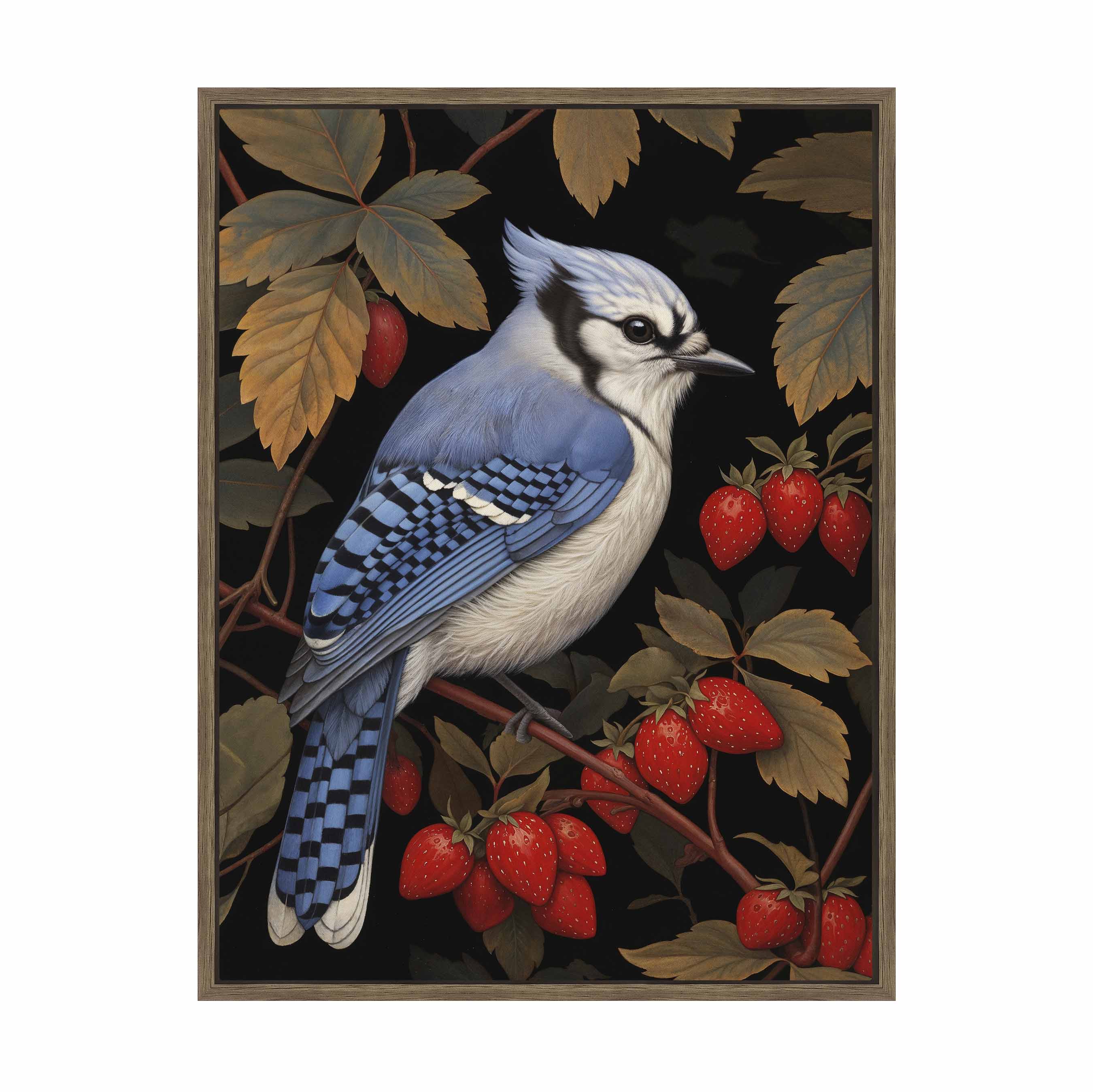Berry Bliss Blue Jay in Strawberry Patch Gallery Wrapped Canvas - Beautiful Nature Artwork for Home Decor, Living Room, Bedroom & Office Wall
