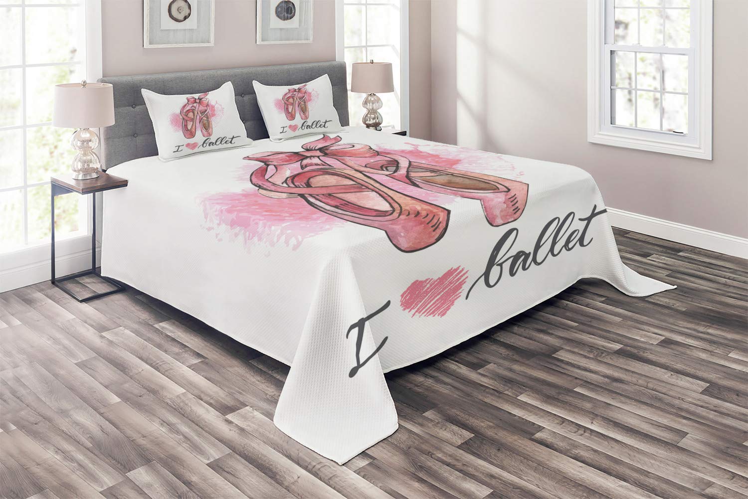 Ambesonne 3-Piece Ballet Themed Quilted Bedspread Set - King Size Coverlet with 2 Pillow Shams, Ballerina Pointe Shoes Design & Typography, Multicolor - Perfect for Ballet Lovers' Bedroom Decor & Dance Studio Aesthetic