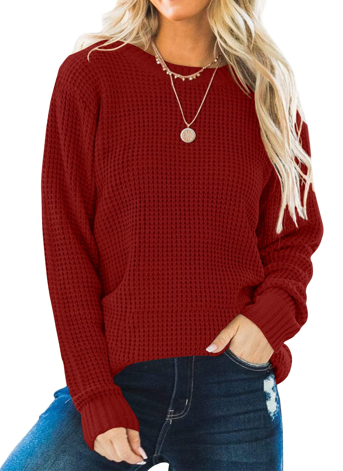 ZESICA Women's Long Sleeve Crew Neck Waffle Knit Sweater - Oversized Casual Pullover Jumper Top for Fall Winter Fashion | Cozy Loungewear, Coffee Dates & Weekend Outfits