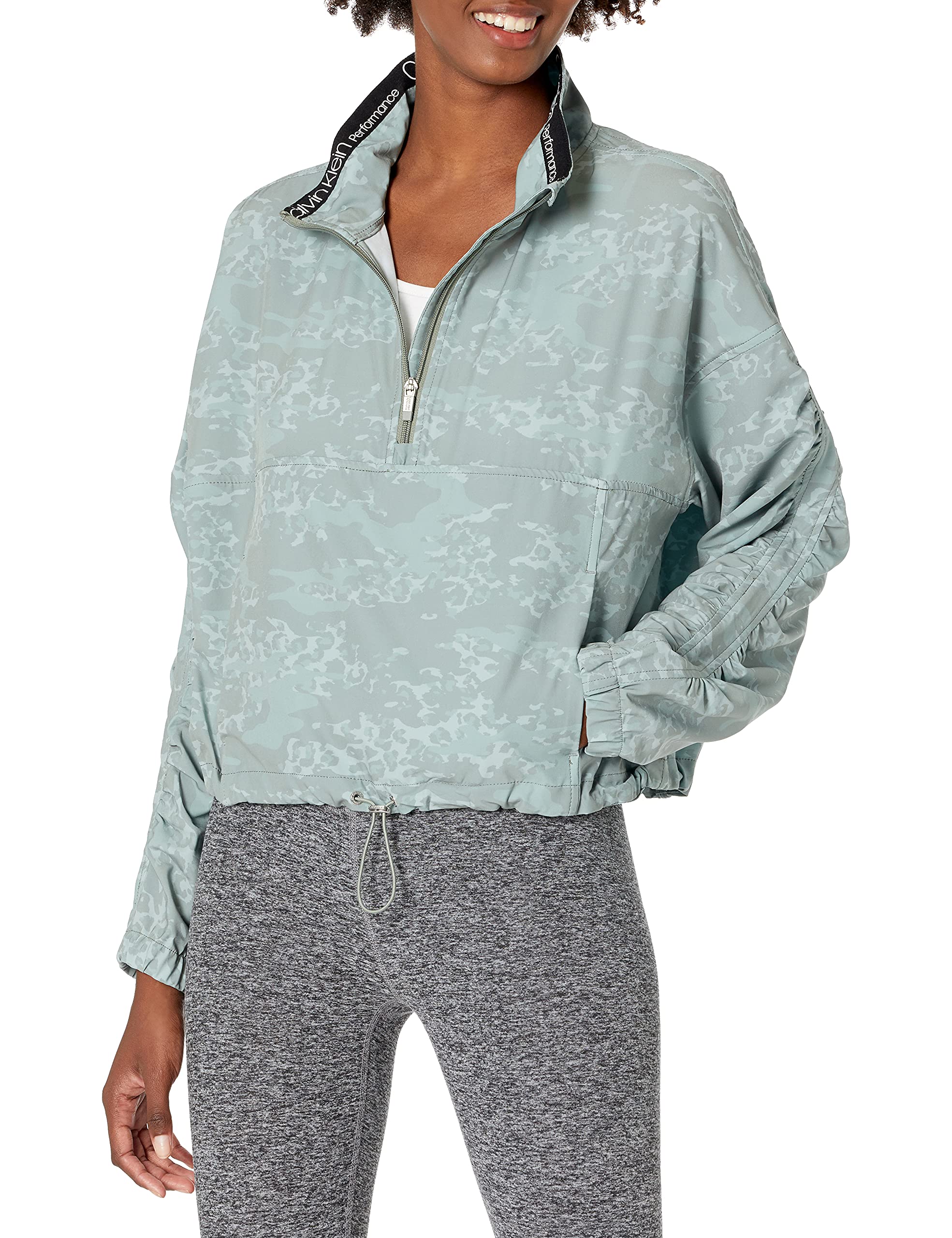 Calvin Klein Performance Women's Print Funnel Neck 1/2 Zip Pullover Sweater with Ruched Sleeves - Athletic Workout & Casual Wear Top for Gym, Running, and Everyday Fashion