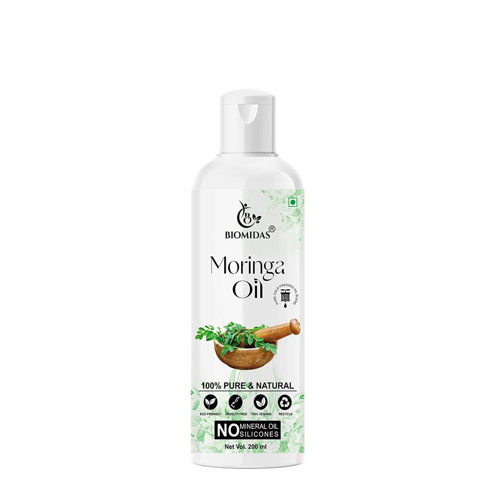 Biomidas 100% Pure Cold Pressed Moringa Oil for Hair Growth, Skin Moisturizer & Anti-Aging Face Care - 200ml (Pack of 1) | Natural Hair Treatment, Dry Skin Relief & Wrinkle Reduction | Perfect for Daily Beauty Routine & DIY Skincare Recipes
