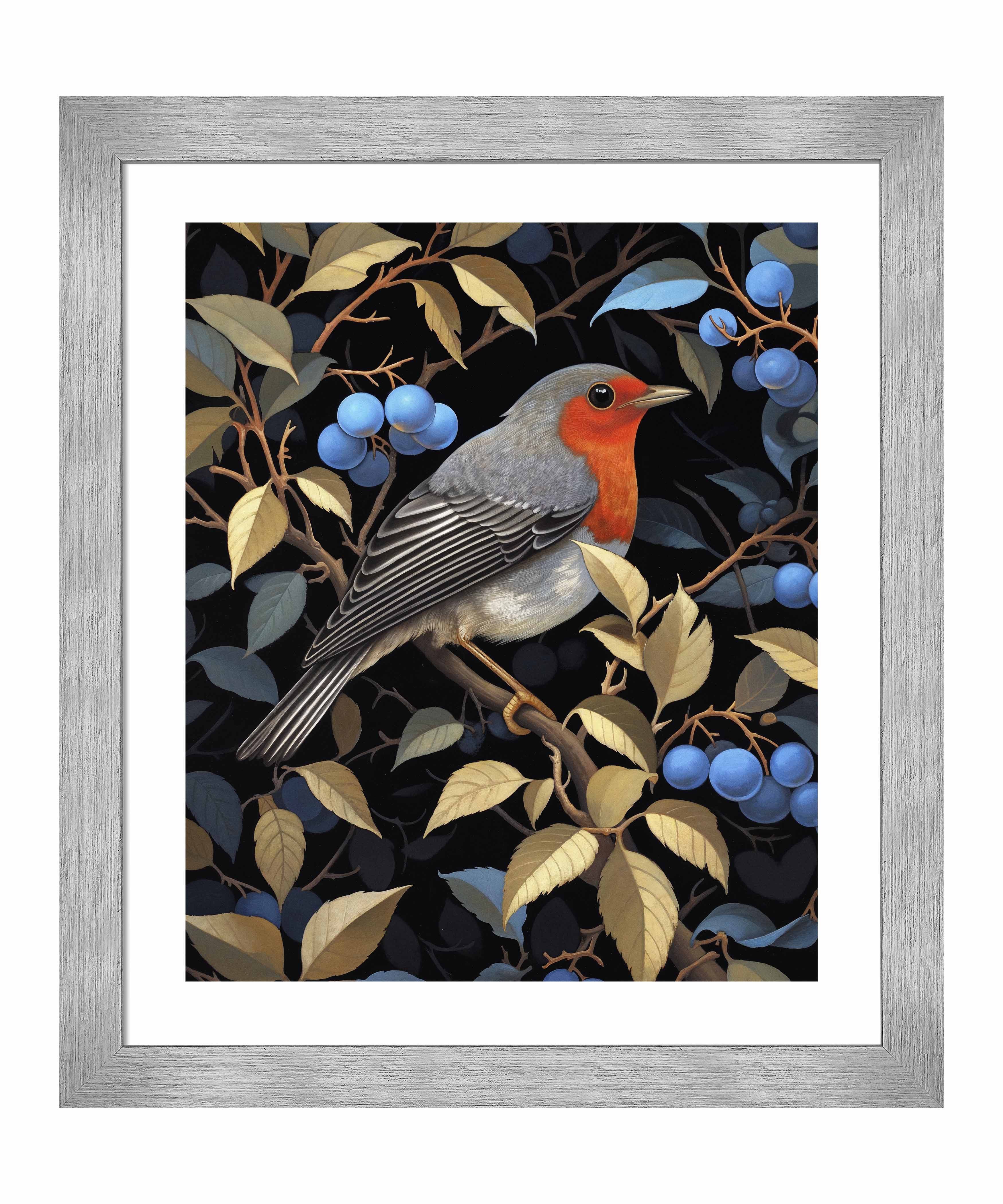 Crimson Song Robin Among Blueberries Wall Art Print - Beautiful Bird Painting for Home Decor, Living Room, Bedroom & Office
