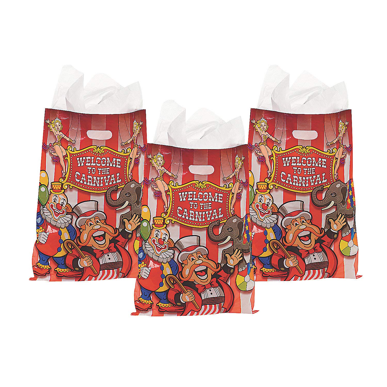 Fun Express Under The Big Top Plastic Party Bags - 50pc Bulk Pack for Circus Themed Birthday, Carnival, and School Events - Durable Plastic Goodie Bags for Kids Party Favors