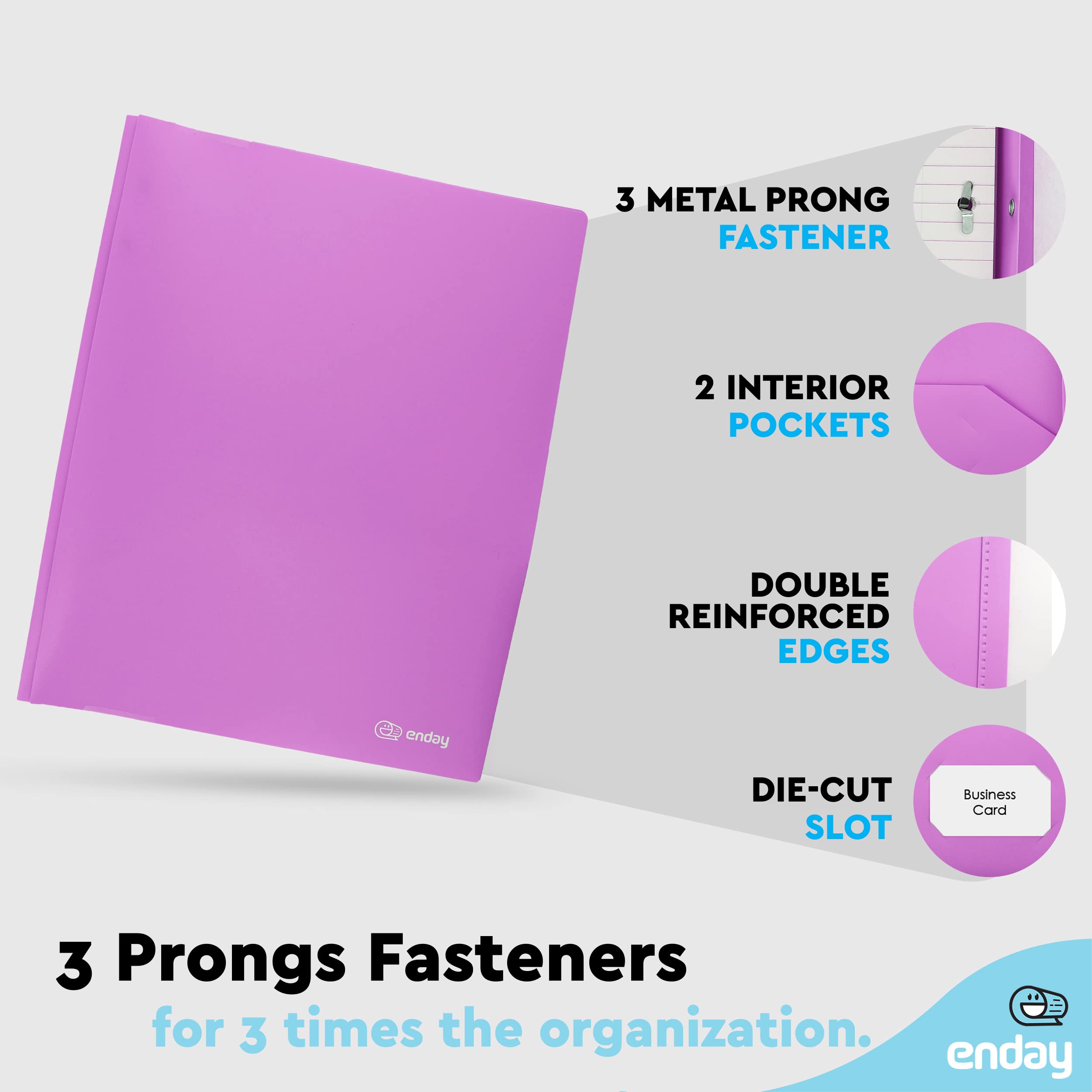 Enday 2-Pocket 3-Prong Plastic Folder with Brads - Letter Size Sheets Organizer in Purple, Blue, Green, Red, Pink & Grey - Perfect for School, Office & Document Filing (1-Pack)
