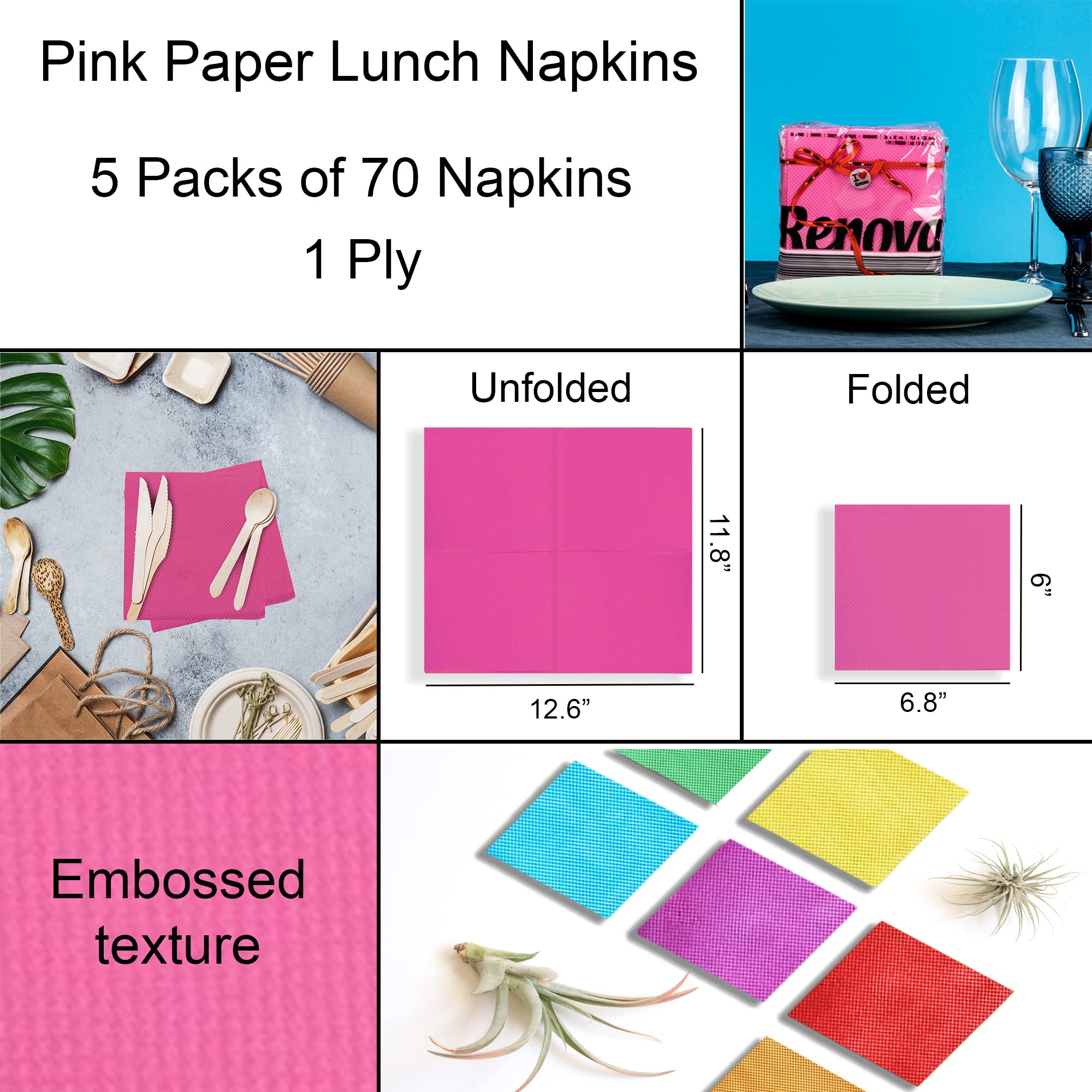 Renova 1-Ply Disposable Paper Napkins - Folded Dinner Napkins, Pink (5 Packs of 70 Count) | Elegant Table Setting for Parties, Weddings & Everyday Dining