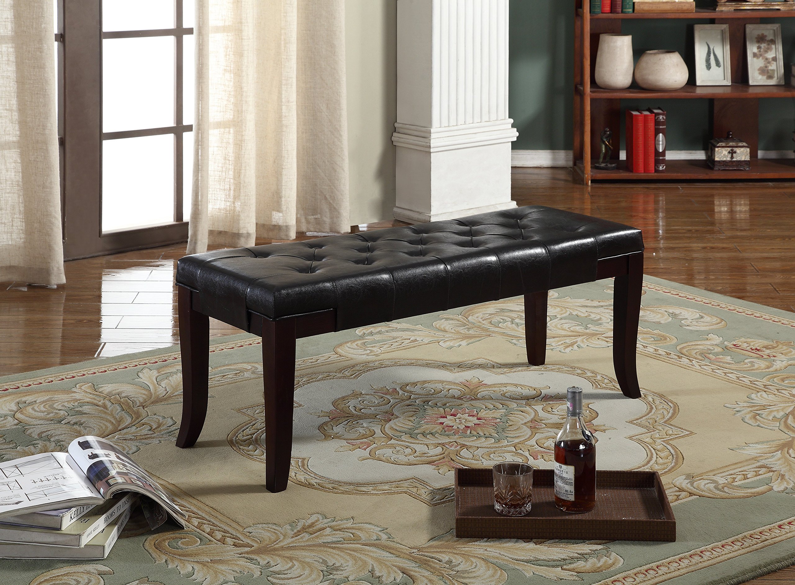 Roundhill Furniture Linon Faux Leather Tufted Bench - Espresso Brown Upholstered Storage Ottoman for Bedroom, Living Room & Entryway