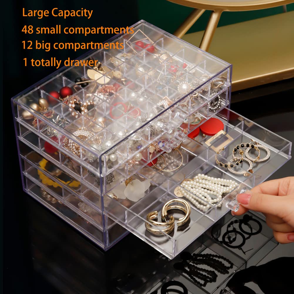 Clear Acrylic Jewelry Box with 5 Drawers - Earring Storage Organizer & Display Case with Compartment Trays - Transparent Jewelry Holder for Earrings, Necklaces, Rings & Bracelets - Perfect for Bedroom, Closet & Travel Organization