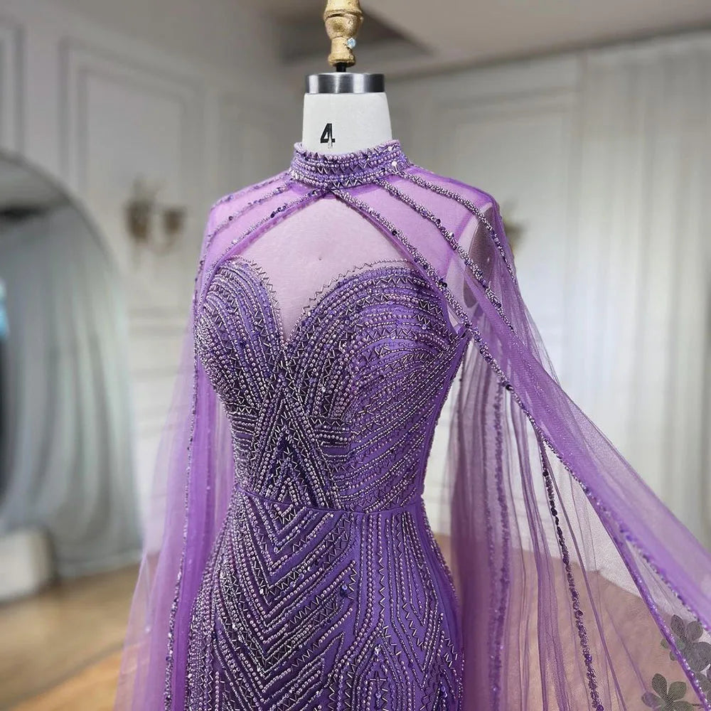 Elegant Beaded Mermaid Evening Gown with Cape Sleeves & High Slit - Serene Hill Caramel Celebrity Party Dress for Women LA72233 | Perfect for Red Carpet Events, Galas & Formal Occasions