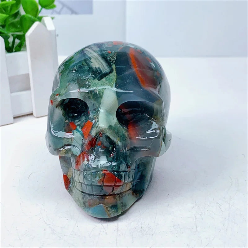 Natural Bloodstone Agate Skull Carving Sculpture - Healing Gemstone Crystal Crafts for Home Decor, Meditation & Spiritual Healing - 1 Piece (0.755kg)