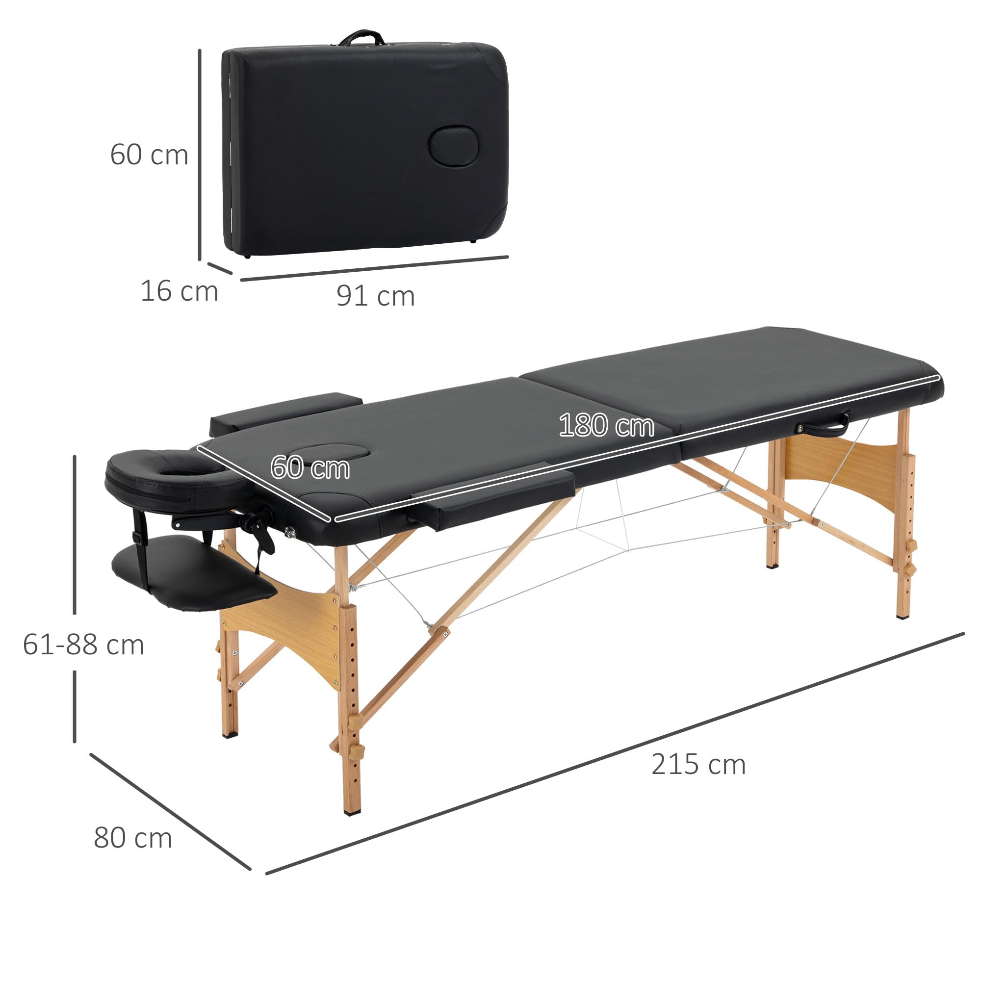 HOMCOM 2-Zone Folding Wooden Massage Table with Cosmetic Face Hole - Black | Portable for Home Spa, Salon & Professional Use