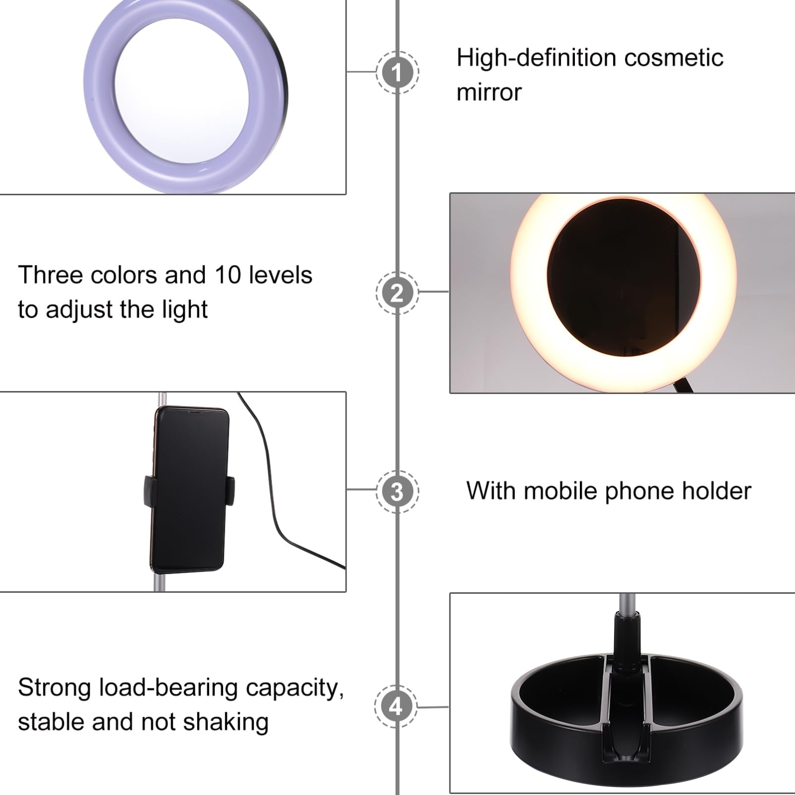OSALADI Adjustable Aluminum Phone Stand with Mirror & Light - Portable Makeup Mirror Stand, Desk Tripod Holder for Smartphones - Perfect for Beauty, Video Calls, and Hands-Free Viewing