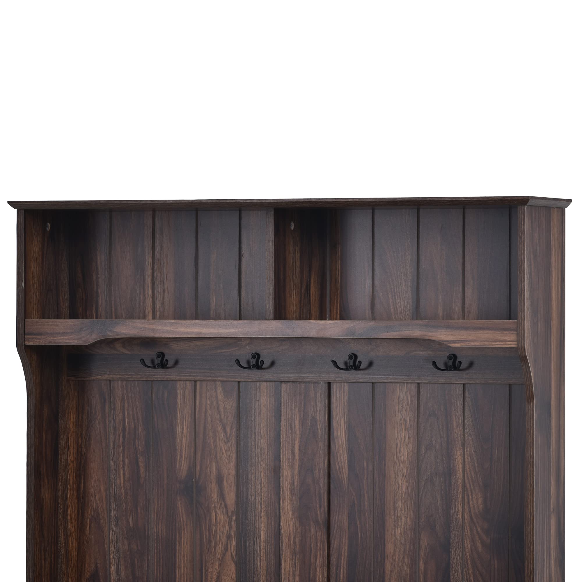 Modern Hall Tree with 4 Hooks & Storage Bench - Wooden Entryway Coat Rack with 2 Open Shelves, 4-in-1 Space Saving Design for Hallway, Foyer or Mudroom - Perfect for Organizing Coats, Shoes & Accessories