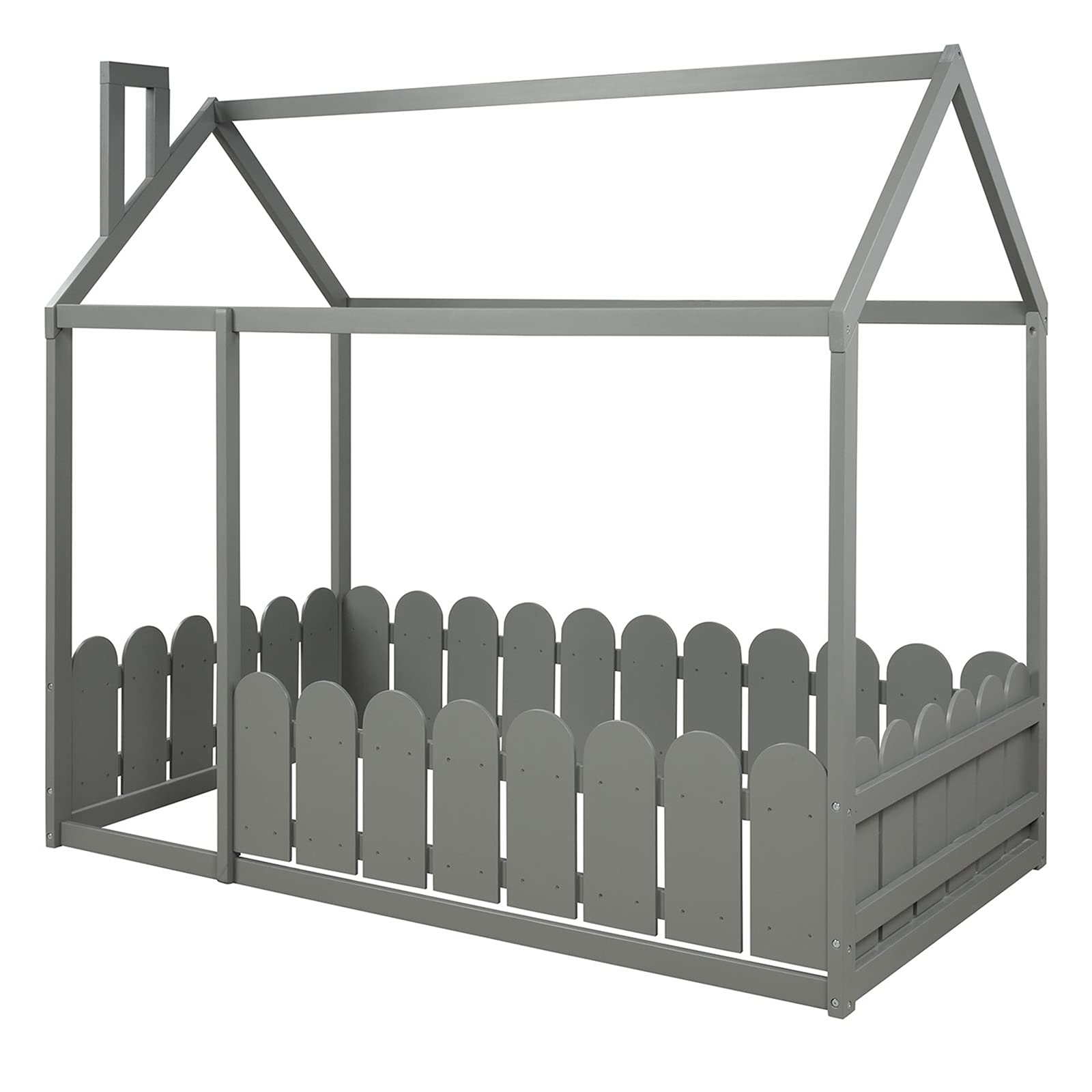 Kids Wooden Twin Floor Bed Frame with Safety Fence - Gray Cabin House Bed for Boys & Girls, Teens Room Decor | Perfect for Small Bedrooms, Playrooms & Montessori Style Spaces