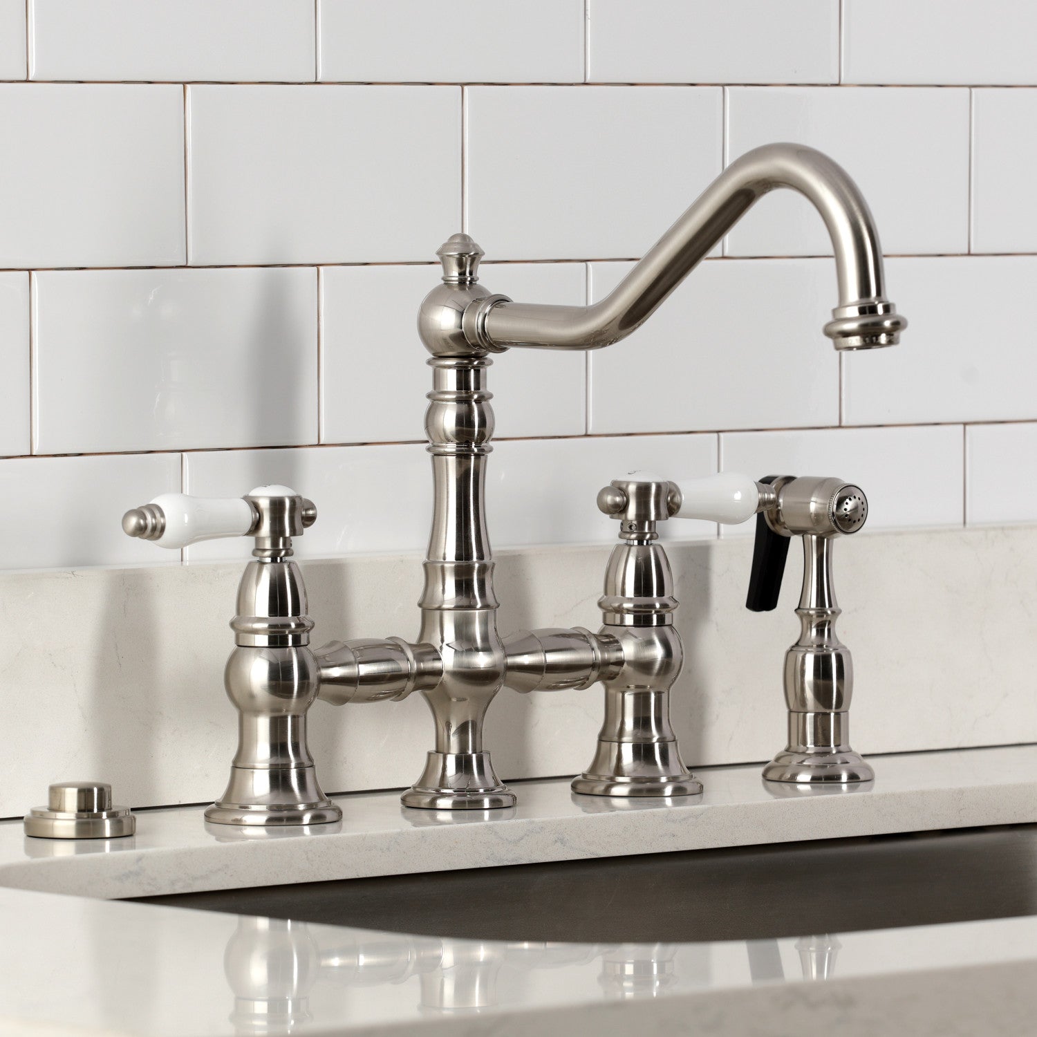 Bel Air KS3278BPLBS Brushed Nickel 2-Handle 4-Hole Deck Mount Bridge Kitchen Faucet with Brass Side Sprayer - Perfect for Farmhouse & Vintage Style Kitchens