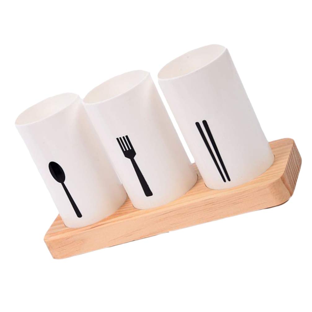 Hemoton Wooden Cutlery Holder Set - Stainless Steel Utensil Drying Rack with Wood Base for Kitchen Countertop Storage - Organize Forks, Knives, Spoons - Perfect for Bar, Restaurant & Home Kitchen Organization