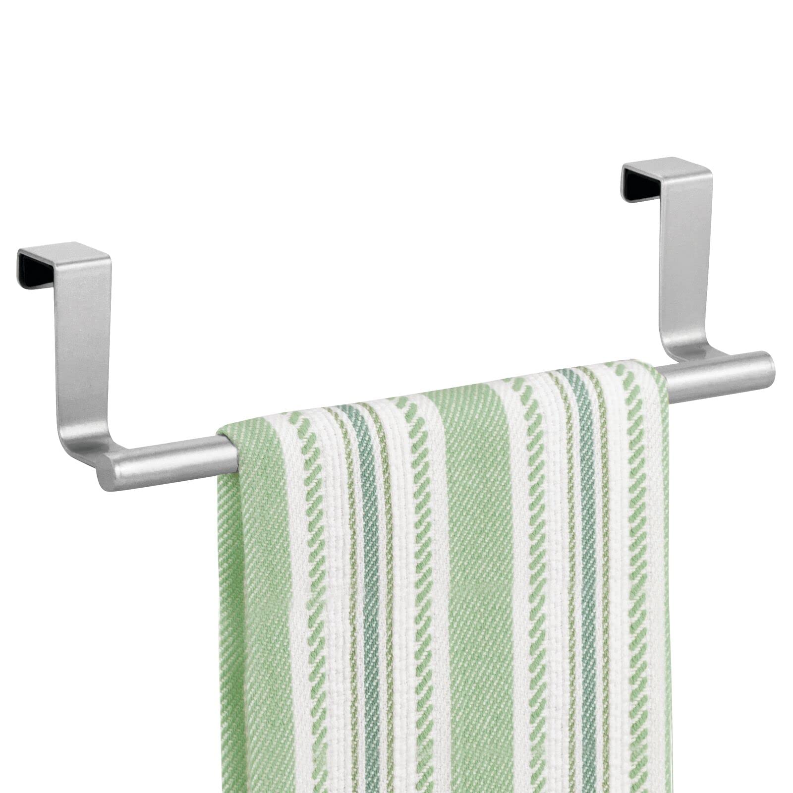 mDesign Chrome Metal Over the Cabinet Door Towel Holder - Hand Dish & Tea Towel Rack Organizer for Kitchen Bathroom - Omni Collection - Space Saving Storage Solution for Small Spaces