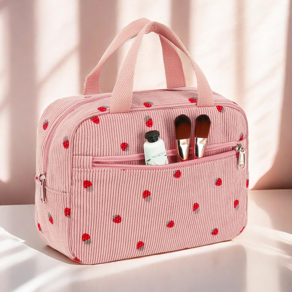 Waterproof Corduroy Makeup Bag for Women & Girls - Travel Cosmetic Organizer with Zipper, Toiletry Pouch for Gym, Vacation & Daily Use