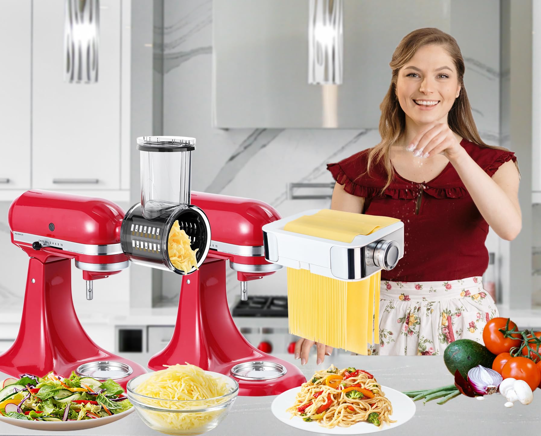 **KitchenAid Stand Mixer Pasta Maker & Cheese Grater Attachment Set – 5 Blades for Fresh Homemade Pasta, Slicing & Shredding – Perfect for Italian Dishes, Salads & Meal Prep**